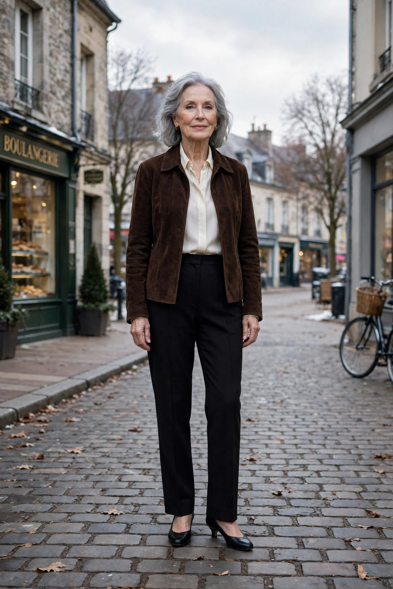 Dark chocolate suede jacket, ivory blouse with black trousers and low-heeled pumps