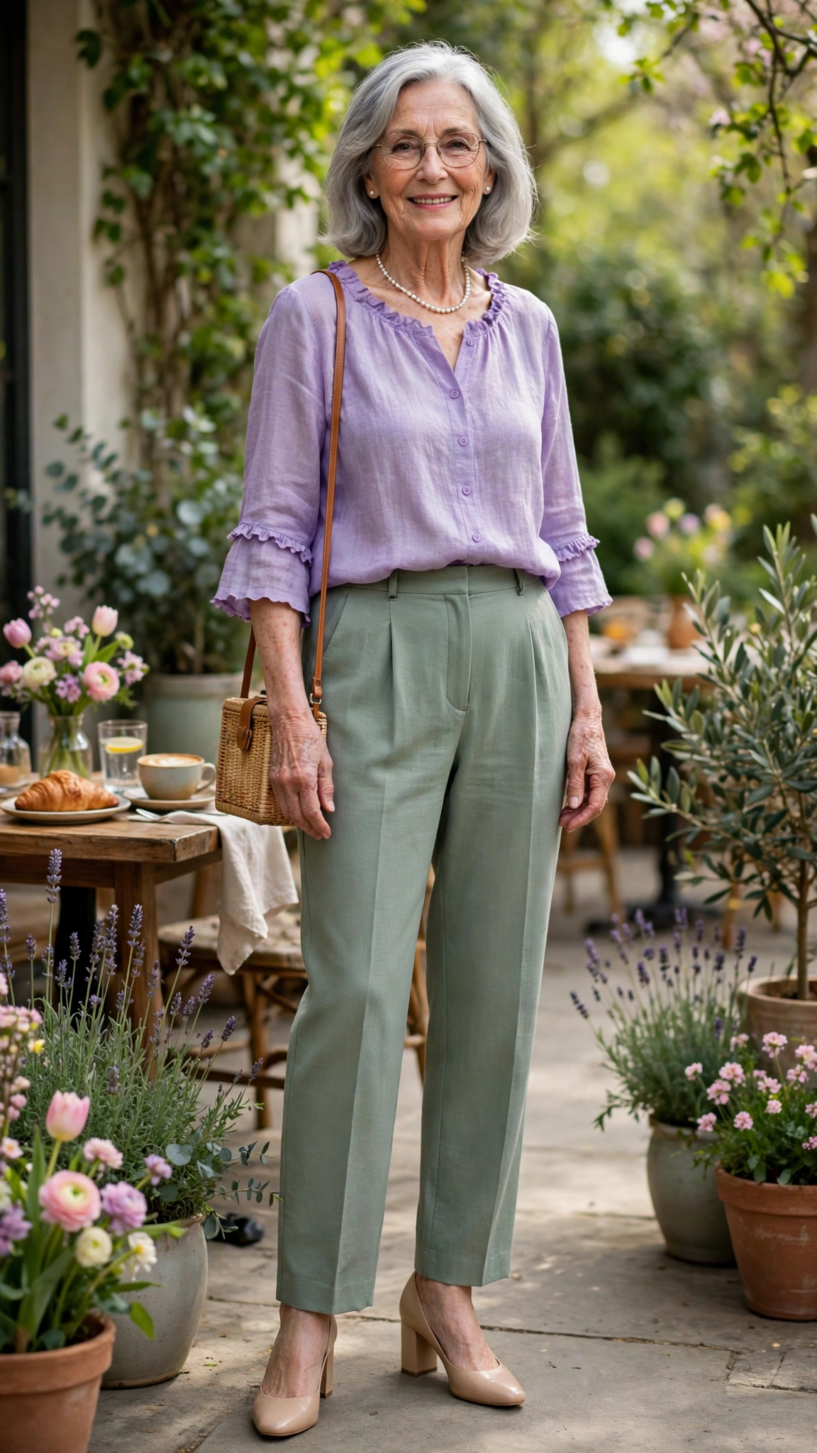 Lavender and sage outfit with a lavender top and sage trousers with nude block heels