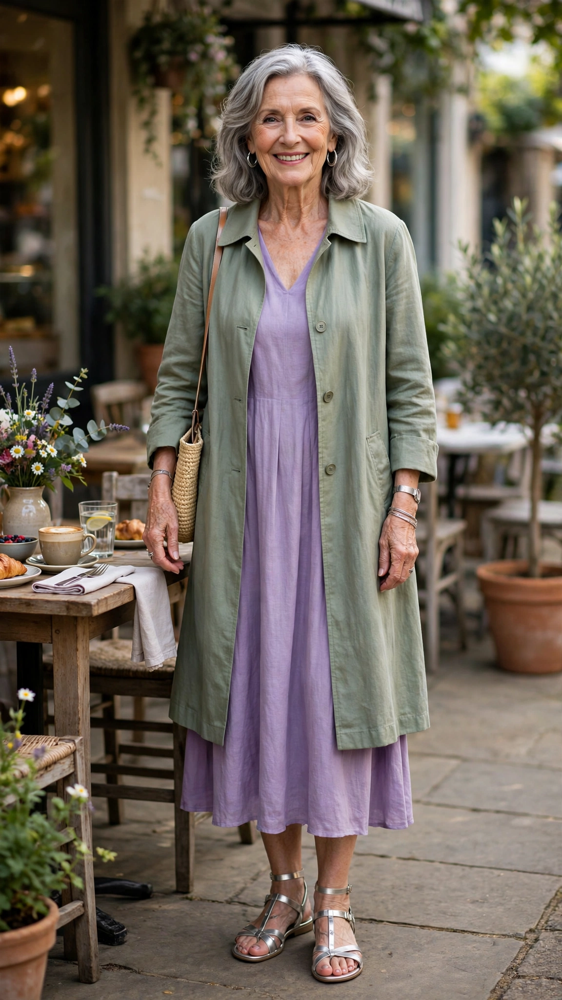 Lavender and sage outfit with a sage coat over a lavender dress with silver sandals