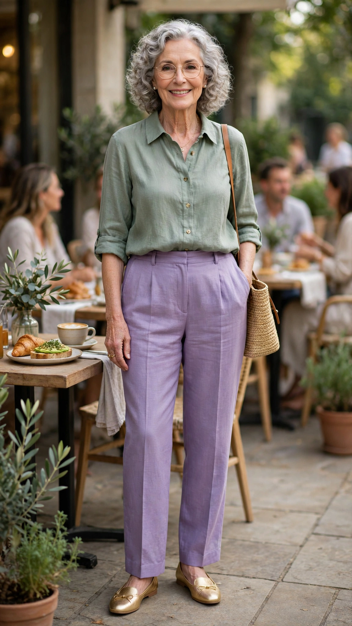 Lavender and sage outfit with lavender trousers and a sage blouse with gold flats