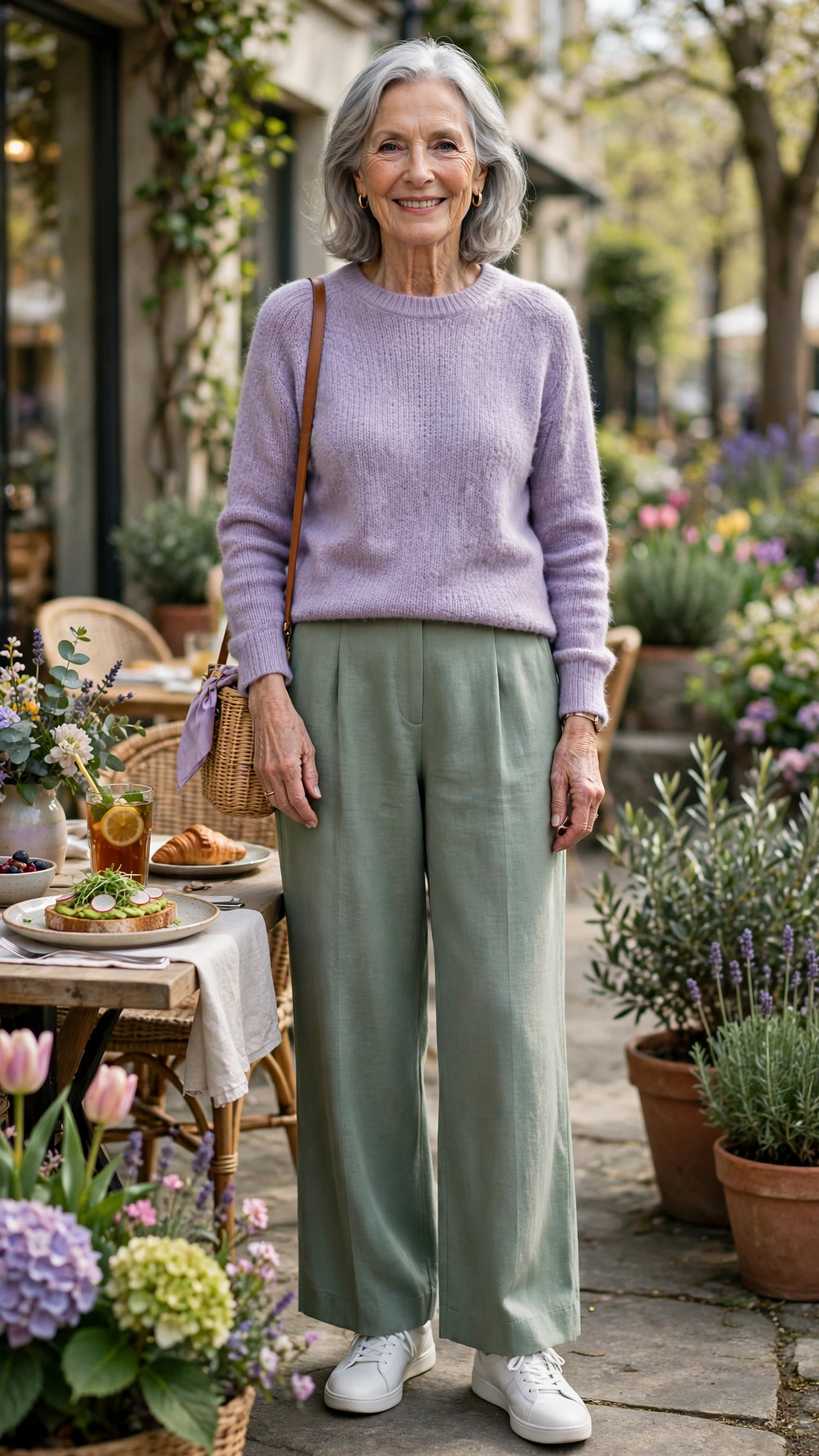 Lavender and sage outfit with sage wide-leg trousers and a lavender knit with white trainers