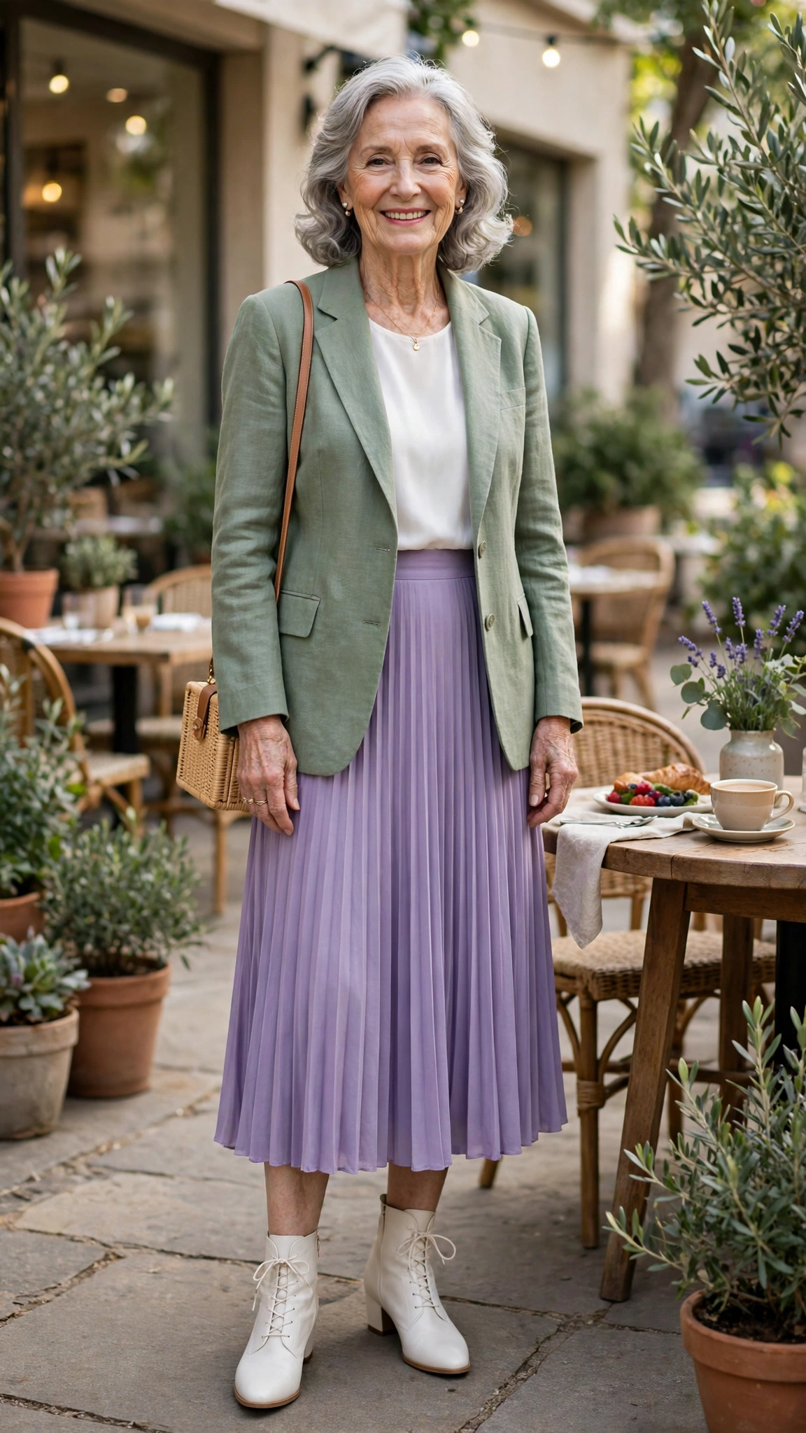 Lavender and sage outfit with a lavender skirt and sage blazer with white ankle boots