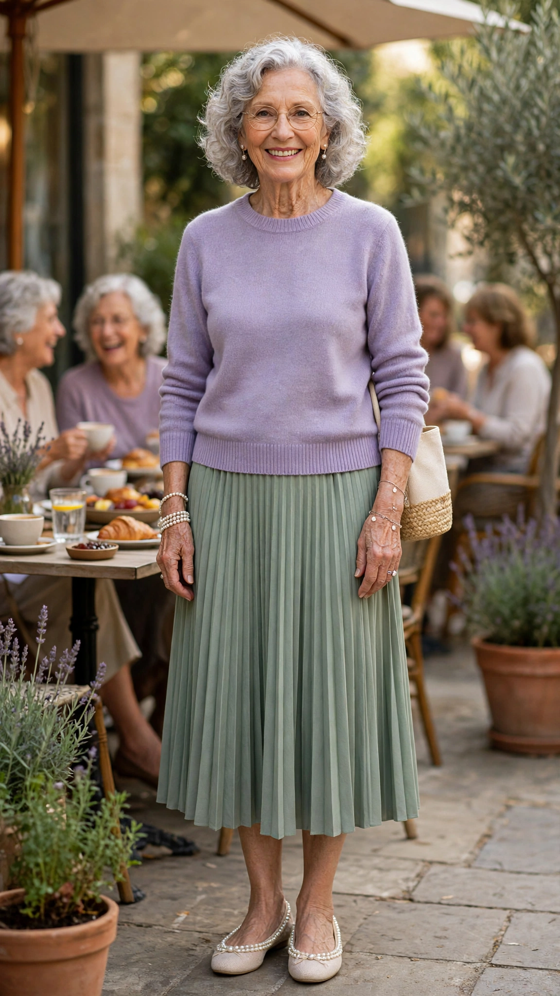Lavender and sage outfit with a lavender sweater and sage pleated skirt with pearl flats