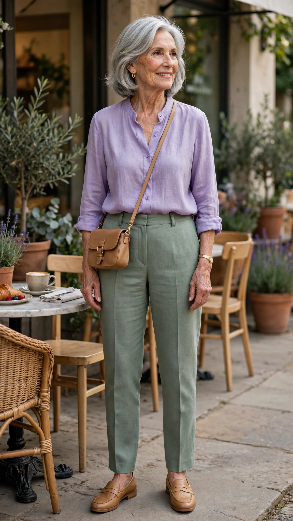 Lavender and sage outfit with sage tailored trousers and a lavender blouse with tan loafers