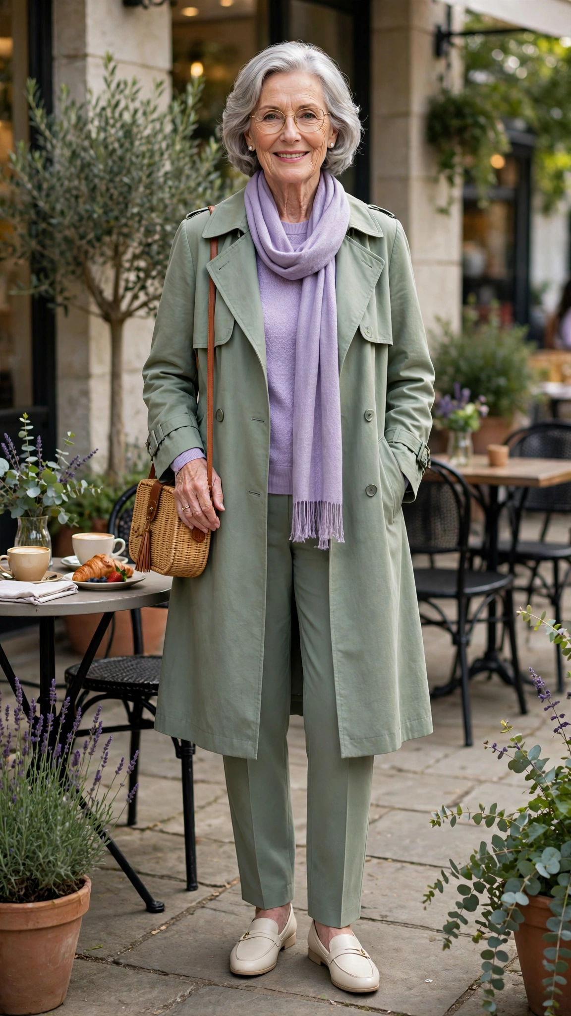 Lavender and sage outfit with sage coat and lavender scarf with cream loafers