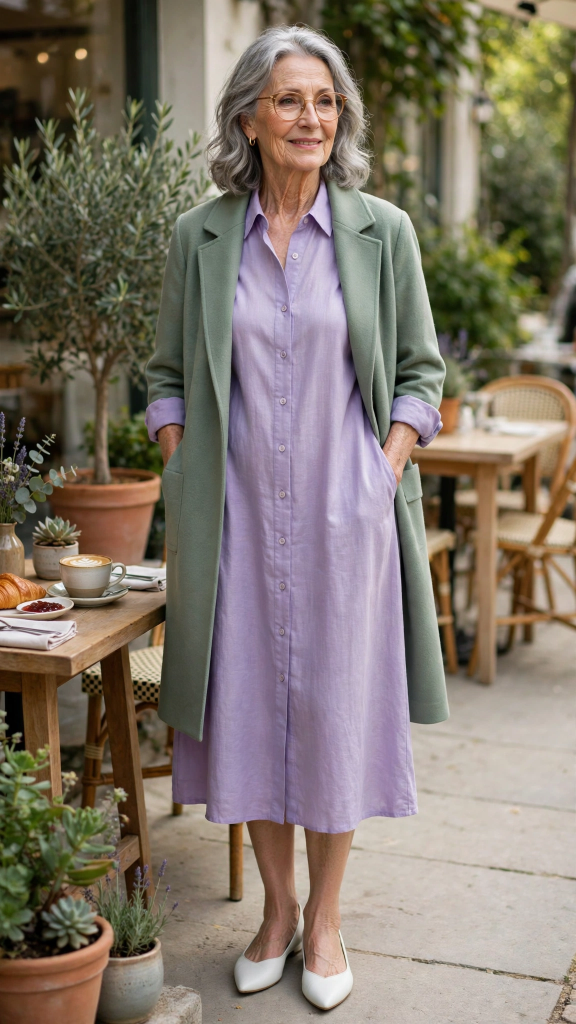 Lavender and sage outfit with a lavender shirt dress and sage coat with white pointed flats