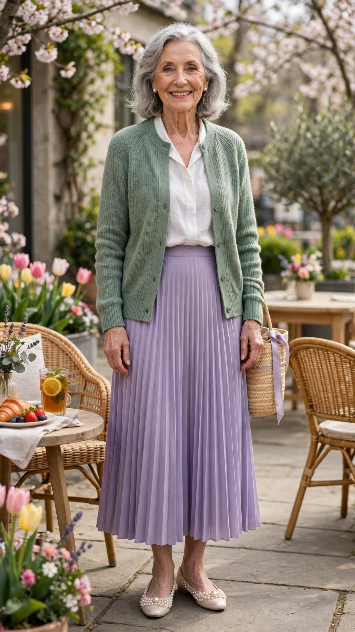 Lavender and sage outfit with lavender pleated skirt and sage cardigan with pearl flats