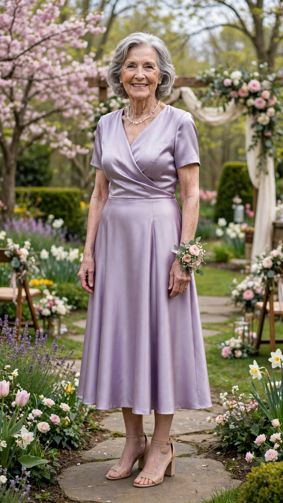 Lavender satin midi dress with nude block heels