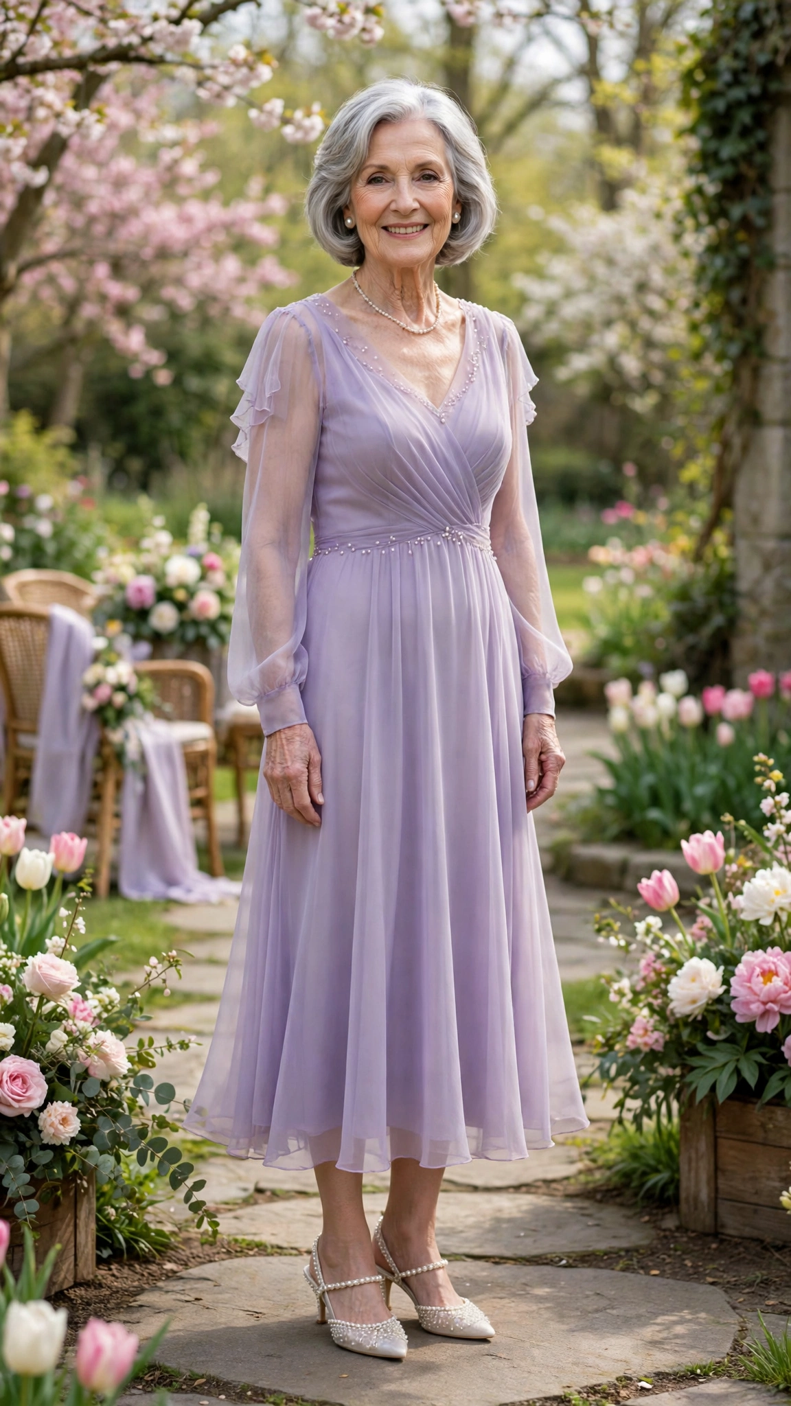Lavender chiffon midi dress with pearl-embellished heels