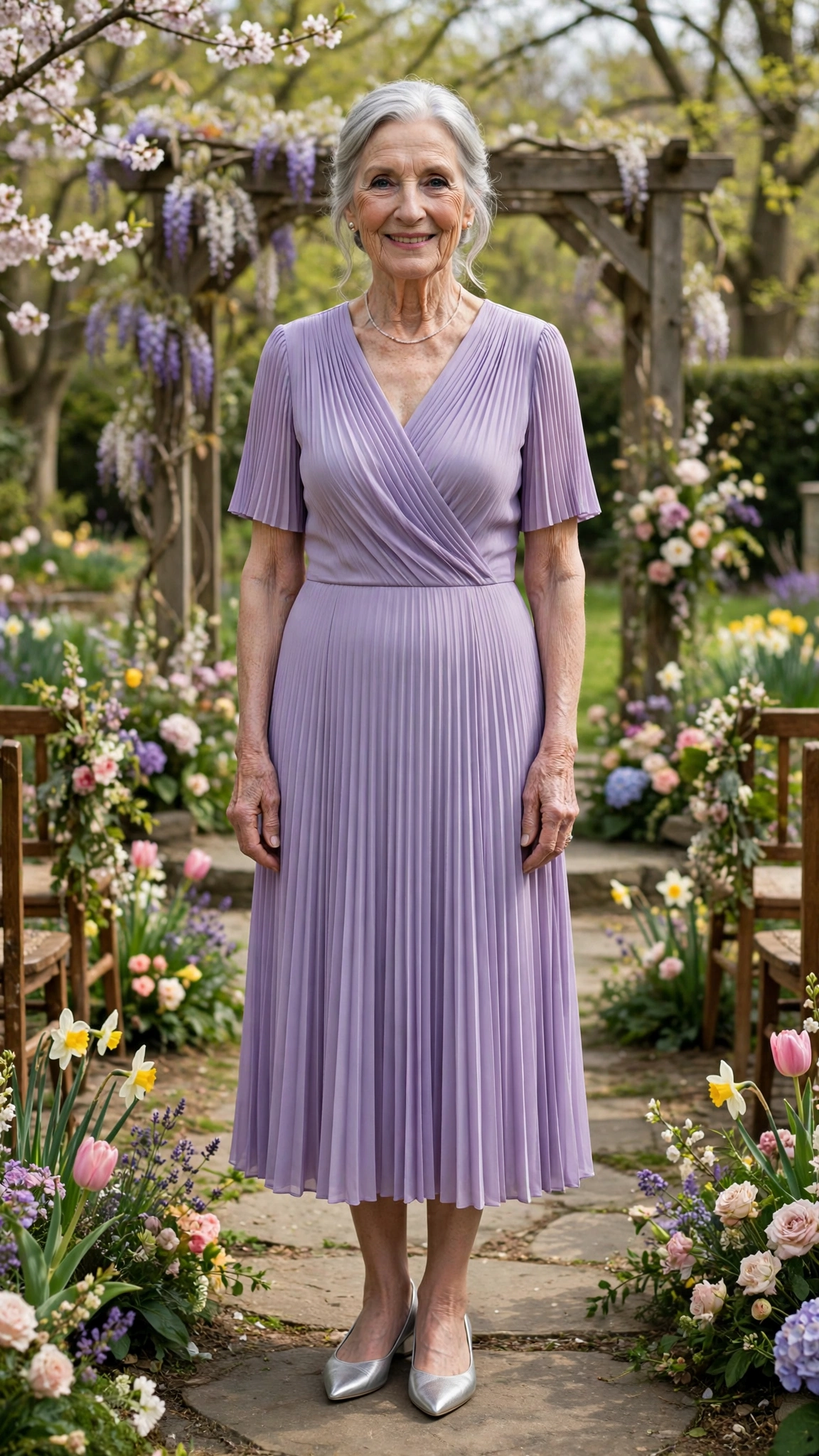 Lavender pleated midi dress with silver pointed flats
