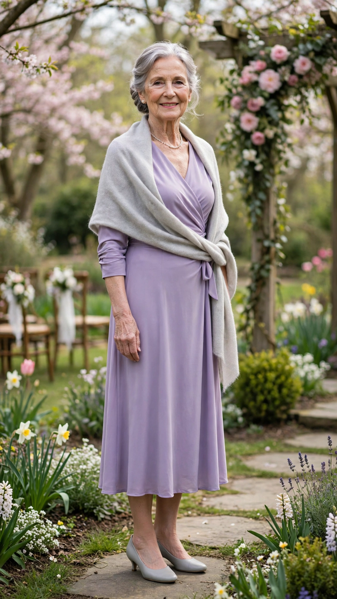 Lavender wrap midi dress with a pale grey shawl