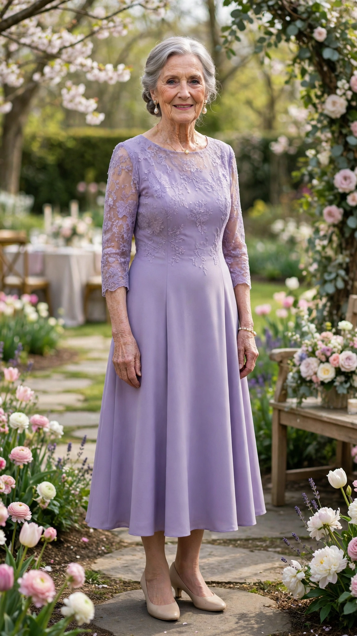 Lavender A-line midi dress with pearl drop earrings
