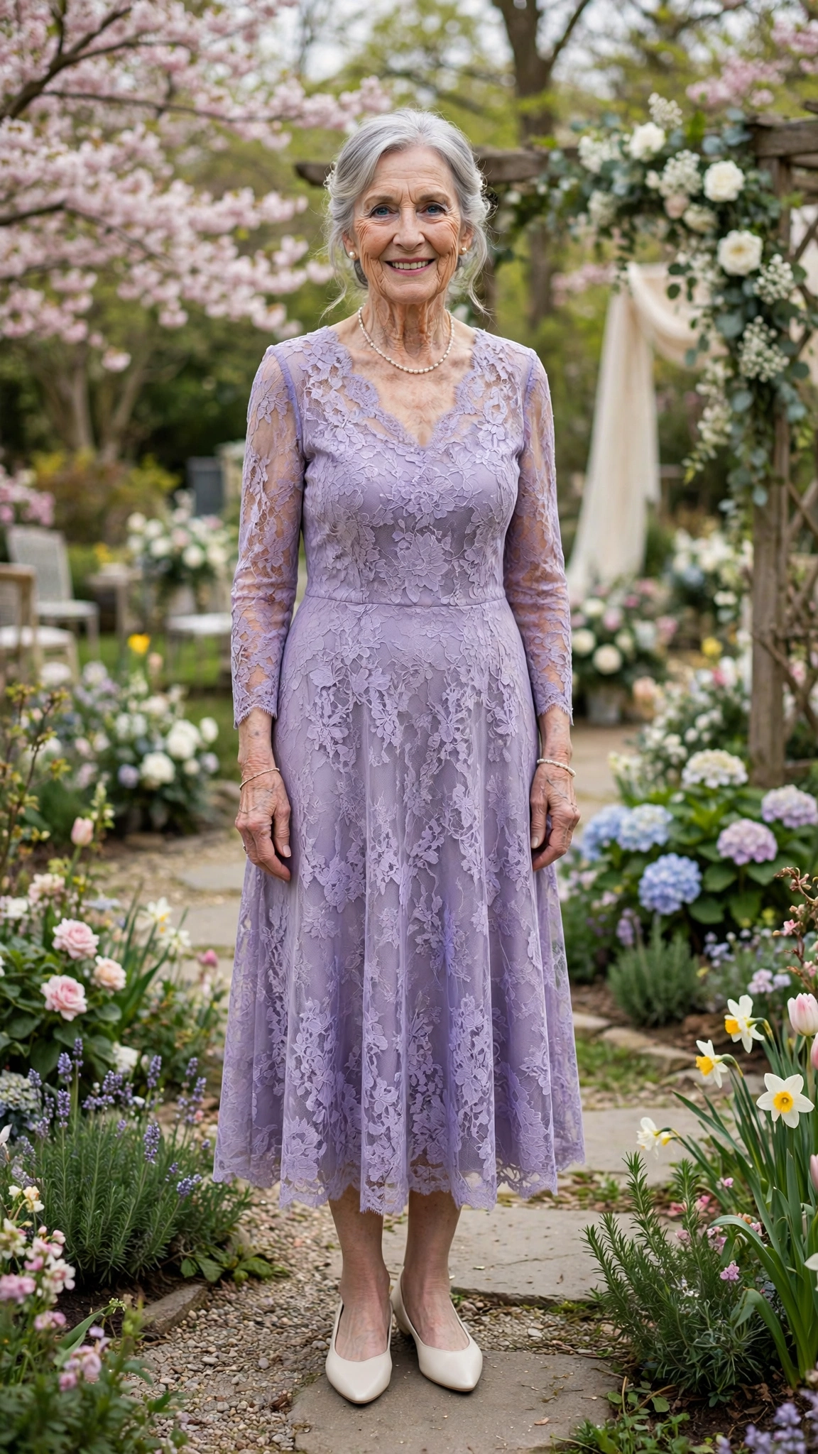 Lavender lace midi dress with ivory pointed flats