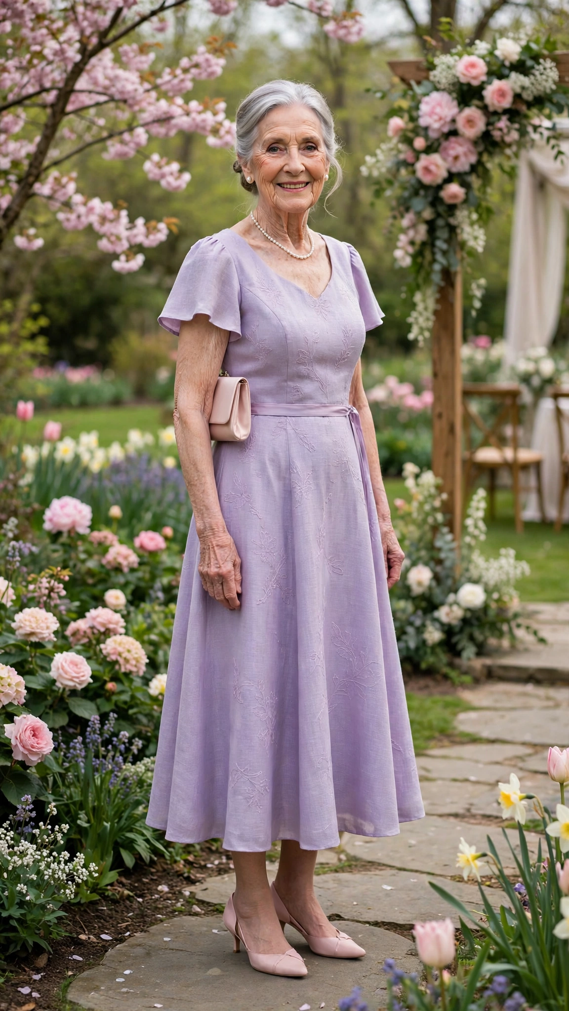 Lavender fit-and-flare midi dress with blush kitten heels