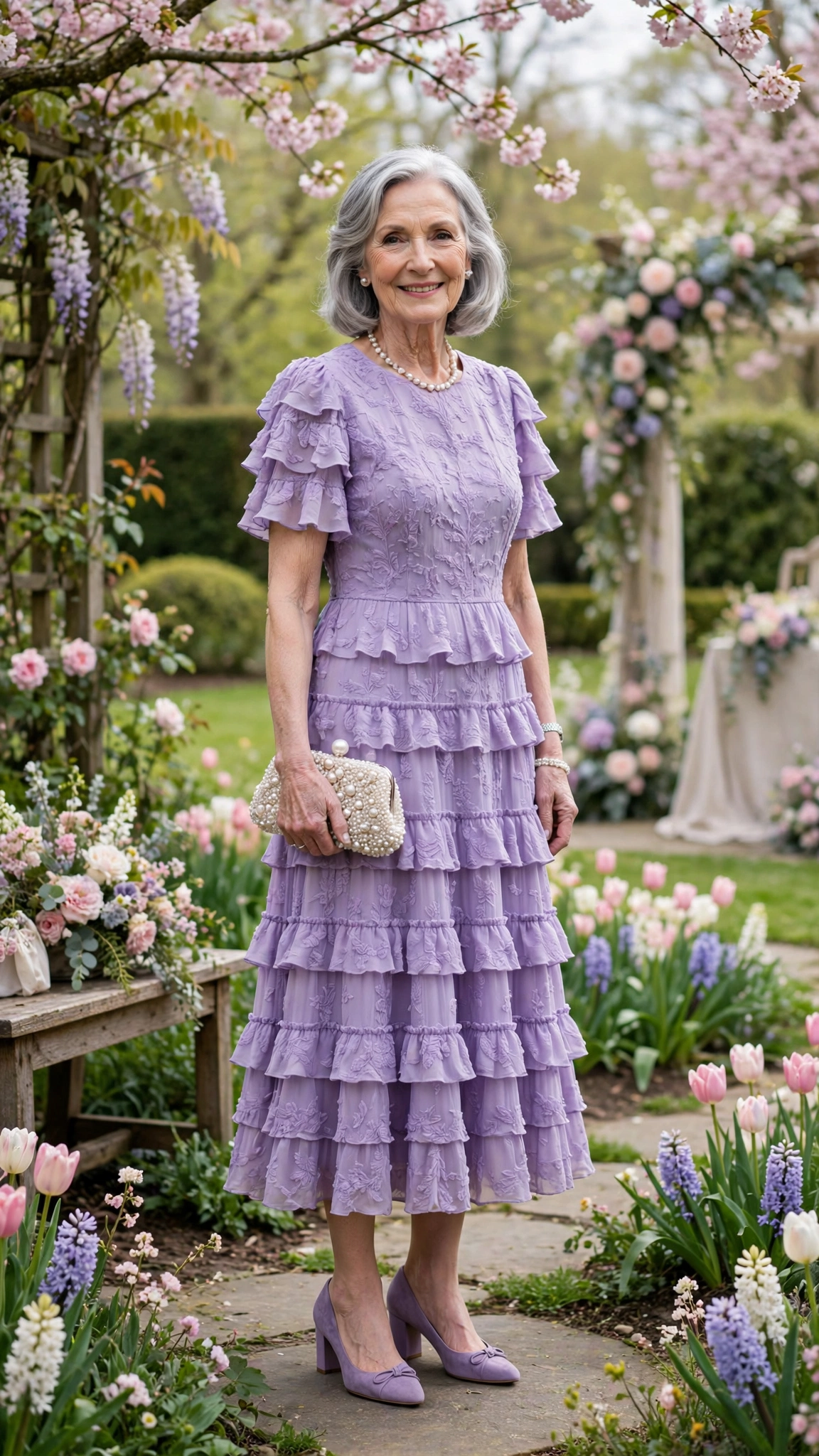 Lavender tiered midi dress with a pearl clutch