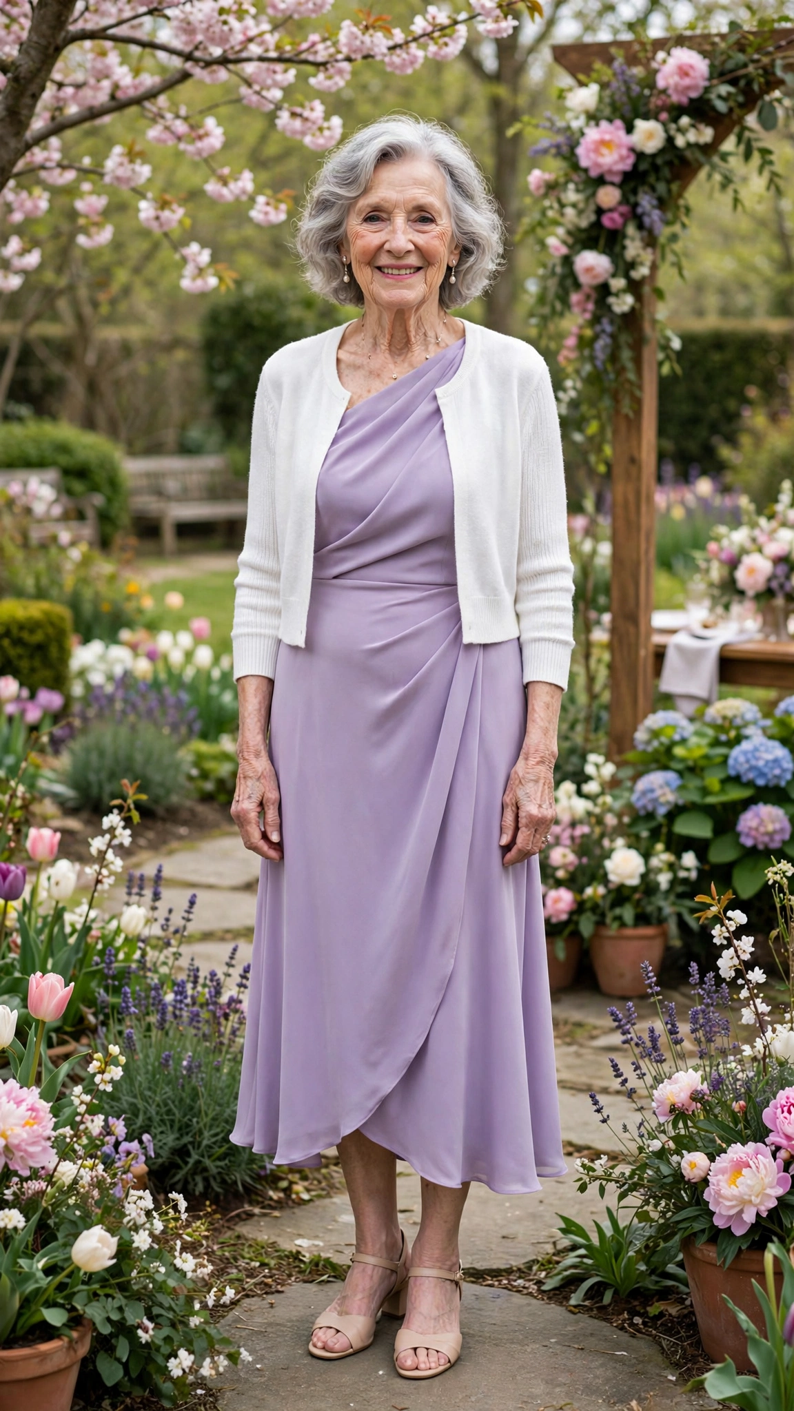 Lavender one-shoulder midi dress with a white cropped cardigan