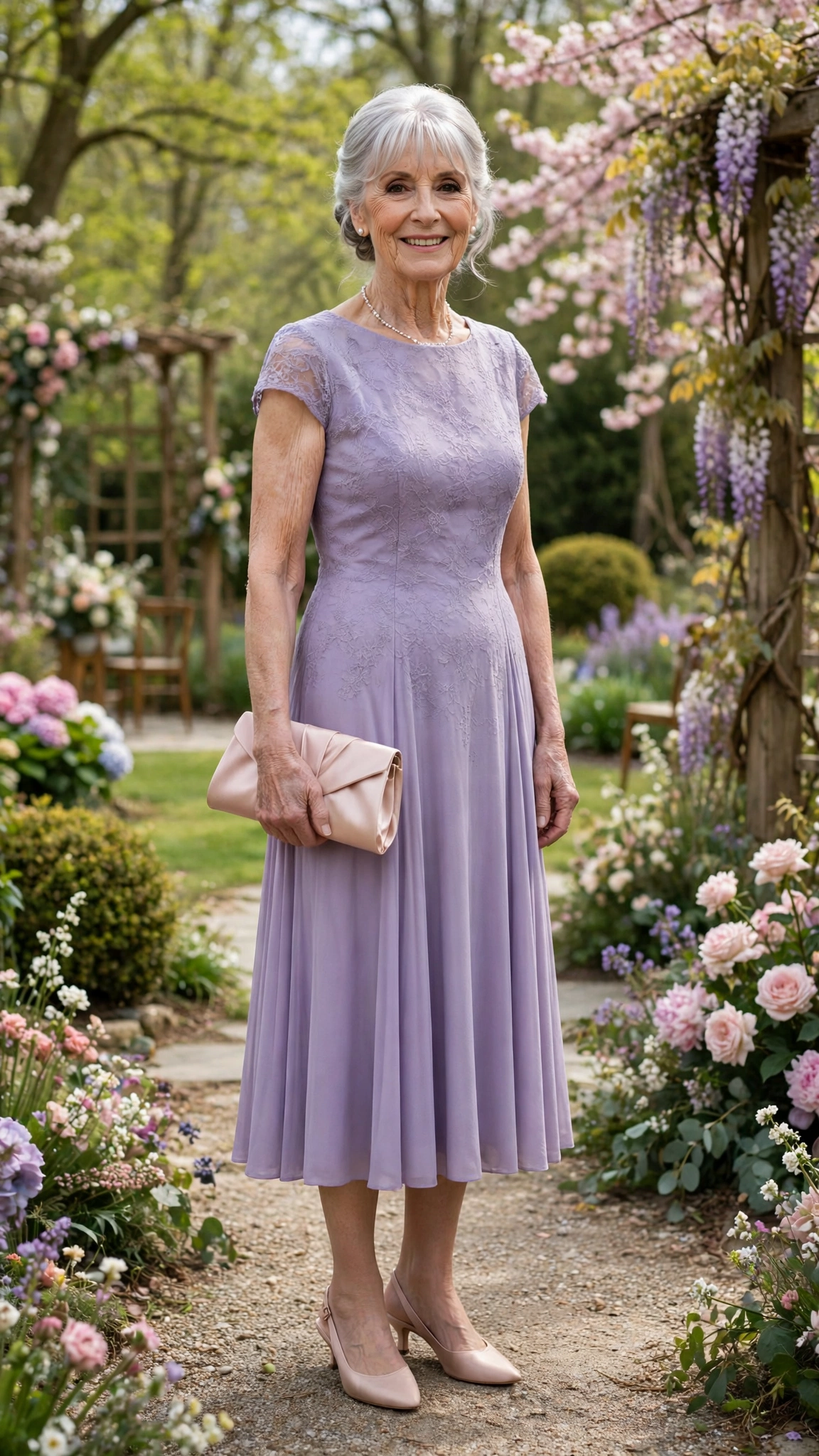 Lavender cap-sleeve midi dress with a blush satin clutch