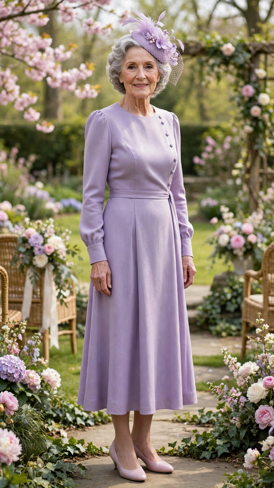 Lavender long-sleeve midi dress with a lilac fascinator