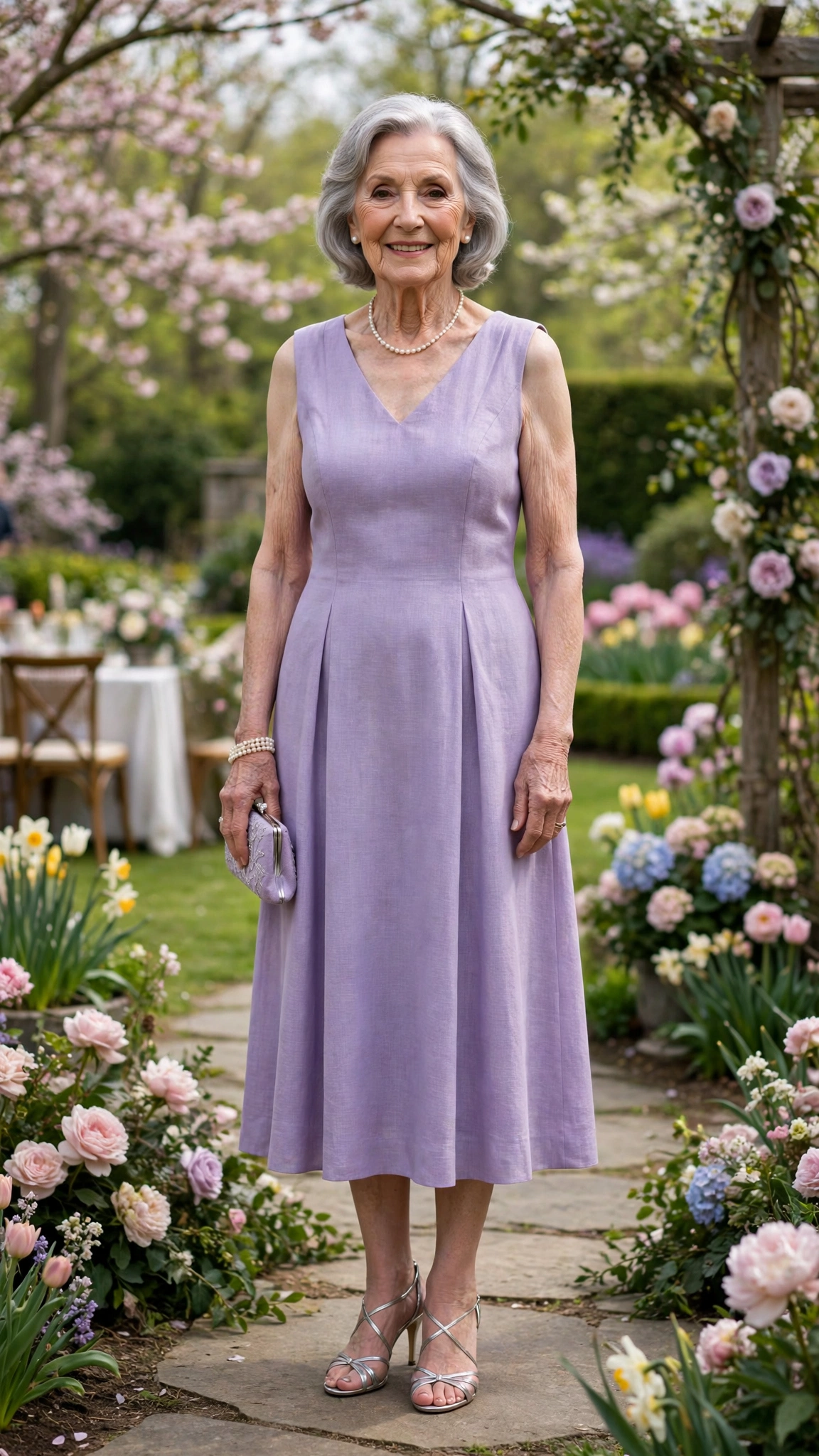 Lavender sleeveless midi dress with silver strappy heels