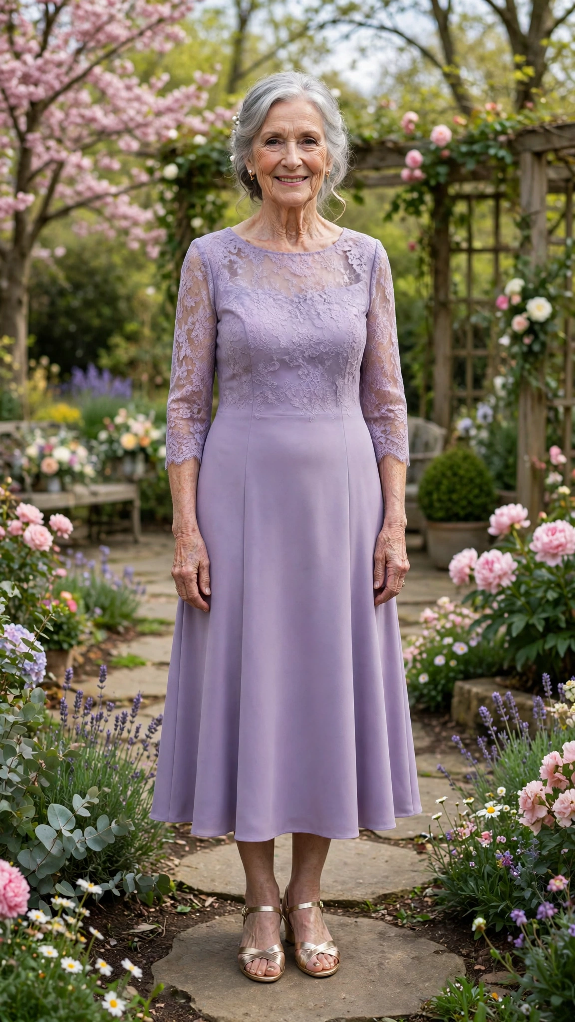 Lavender tea-length dress with metallic sandals