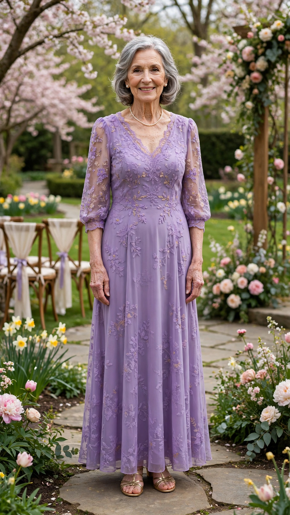 Lavender maxi dress with gold sandals
