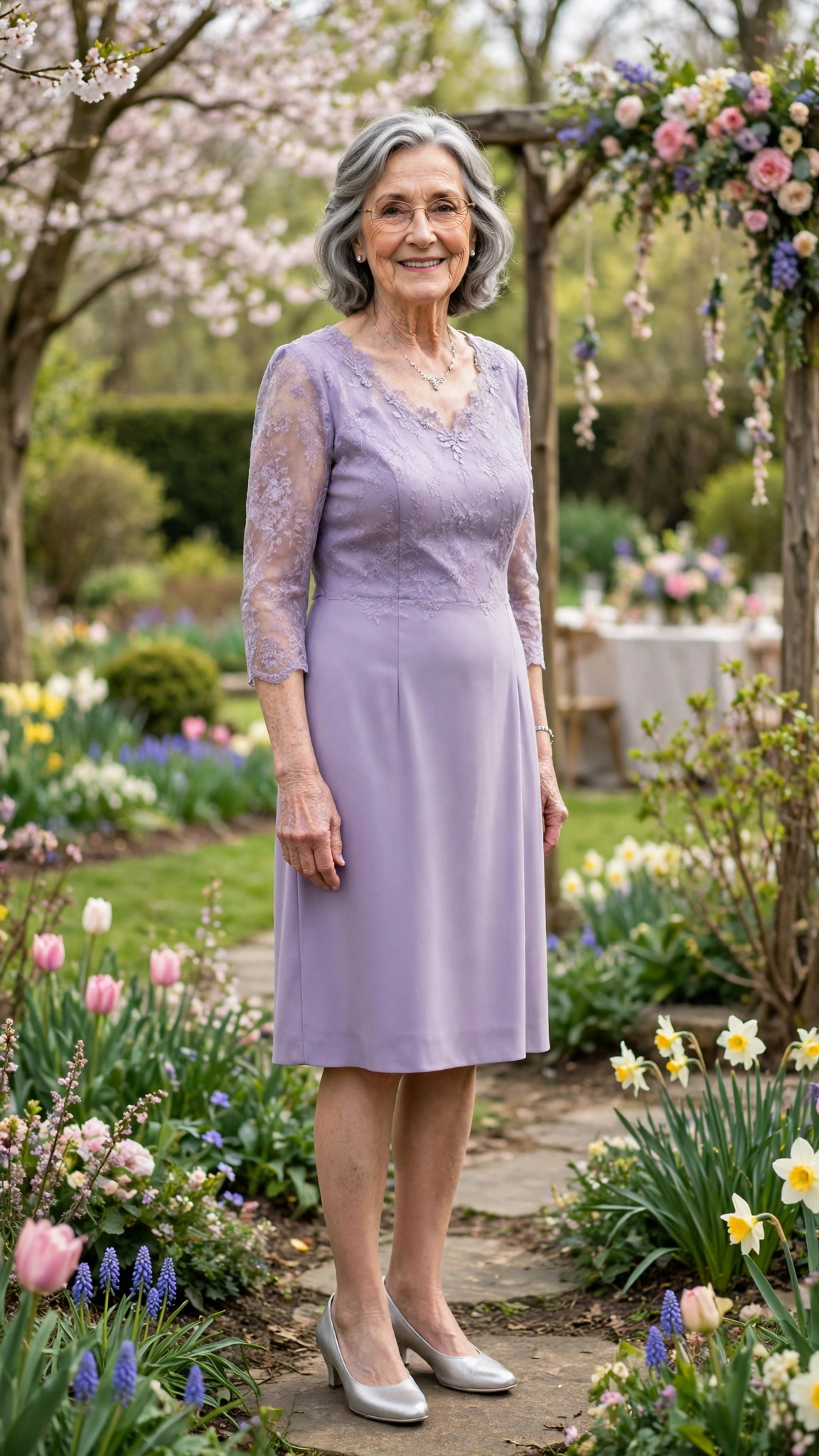 Lavender knee-length dress with a delicate silver necklace