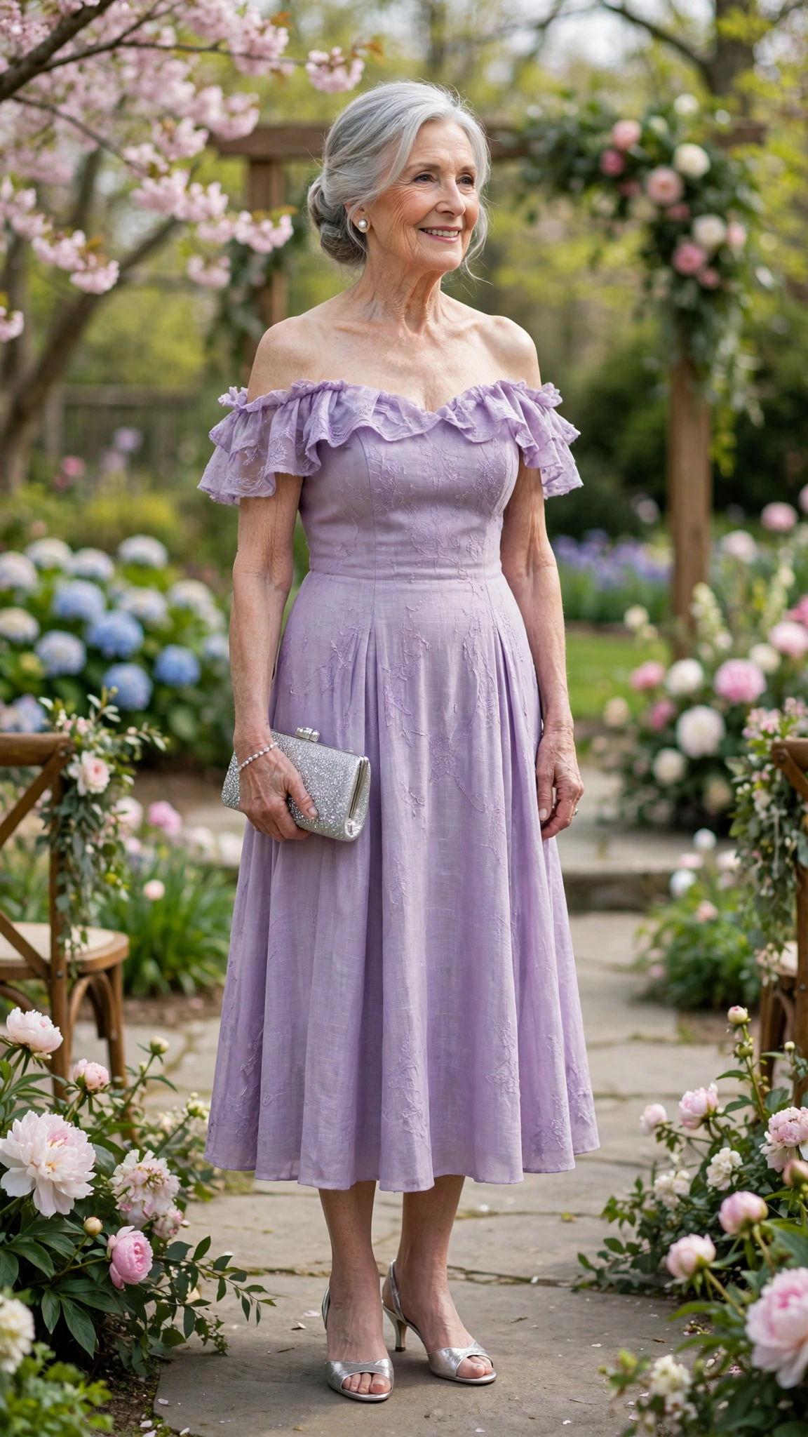 Lavender off-shoulder midi dress with a silver clutch