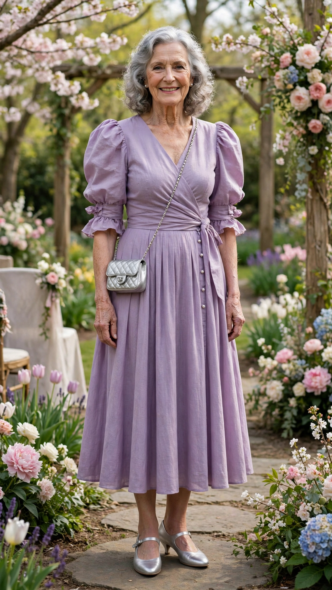 Lavender puff-sleeve midi dress with a small silver crossbody bag