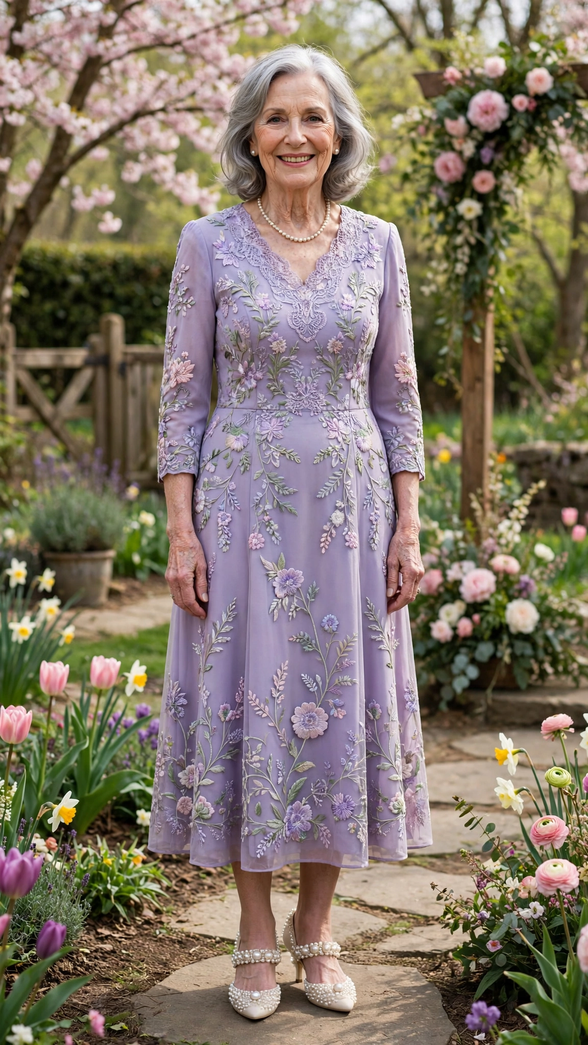 Lavender embroidered midi dress with pearl-embellished heels