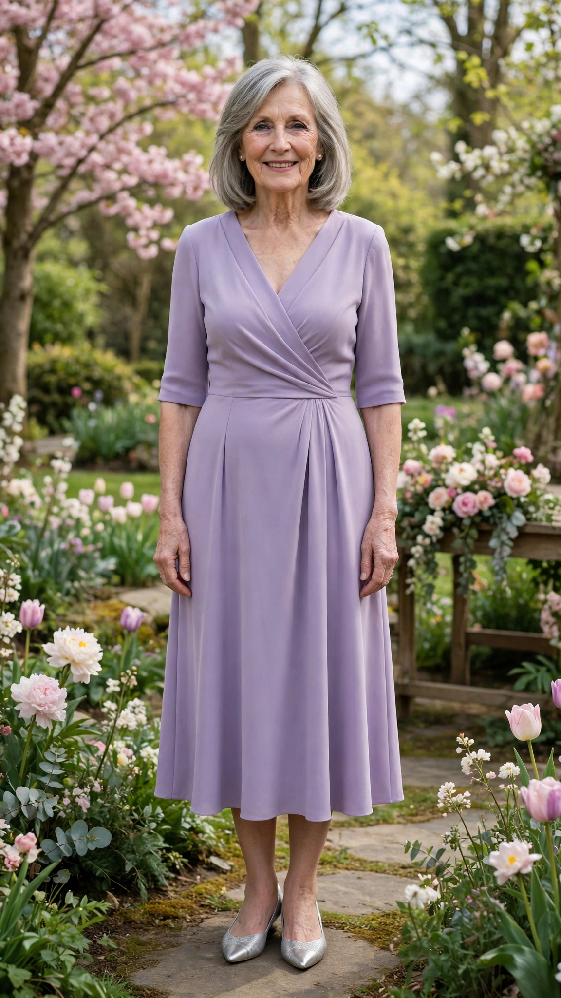 Lavender crepe midi dress with silver pointed flats
