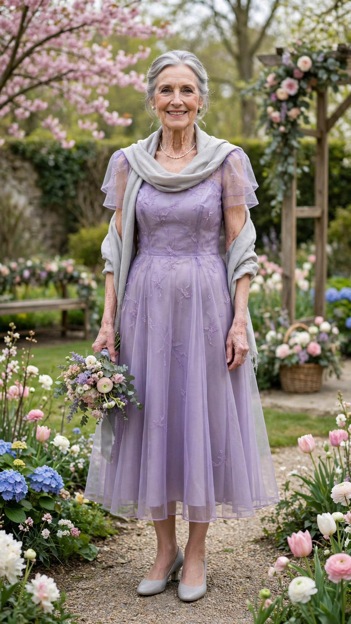 Lavender organza midi dress with a pale grey shawl