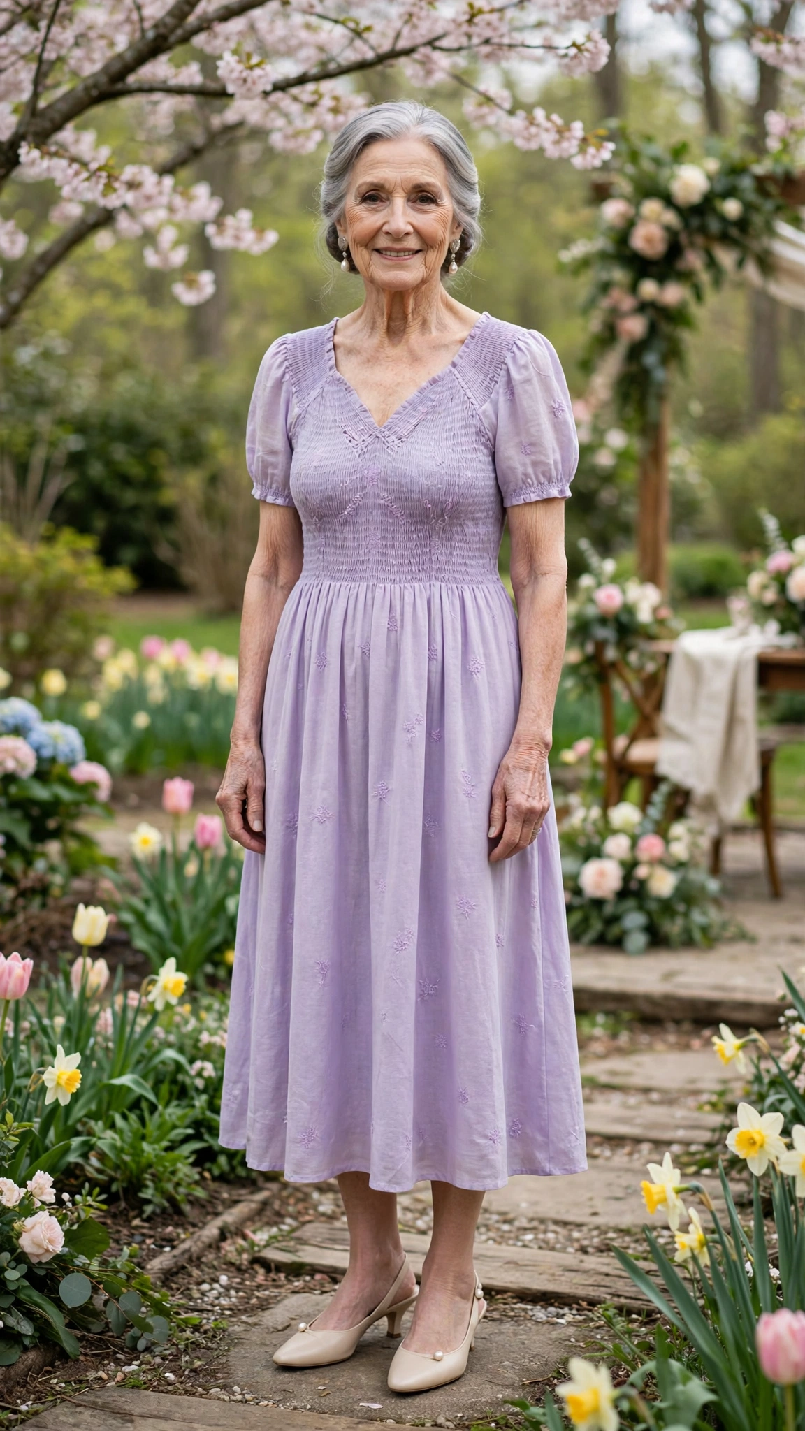 Lavender smocked midi dress with pearl drop earrings