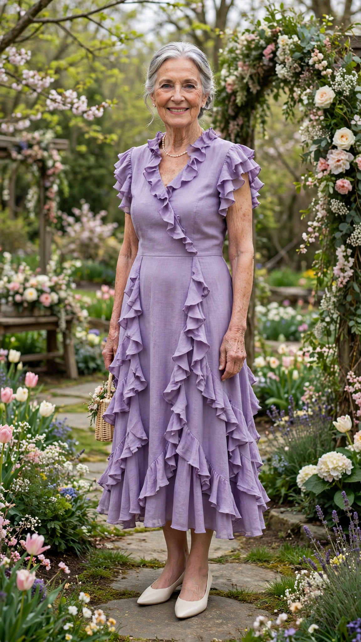 Lavender ruffled midi dress with ivory pointed flats