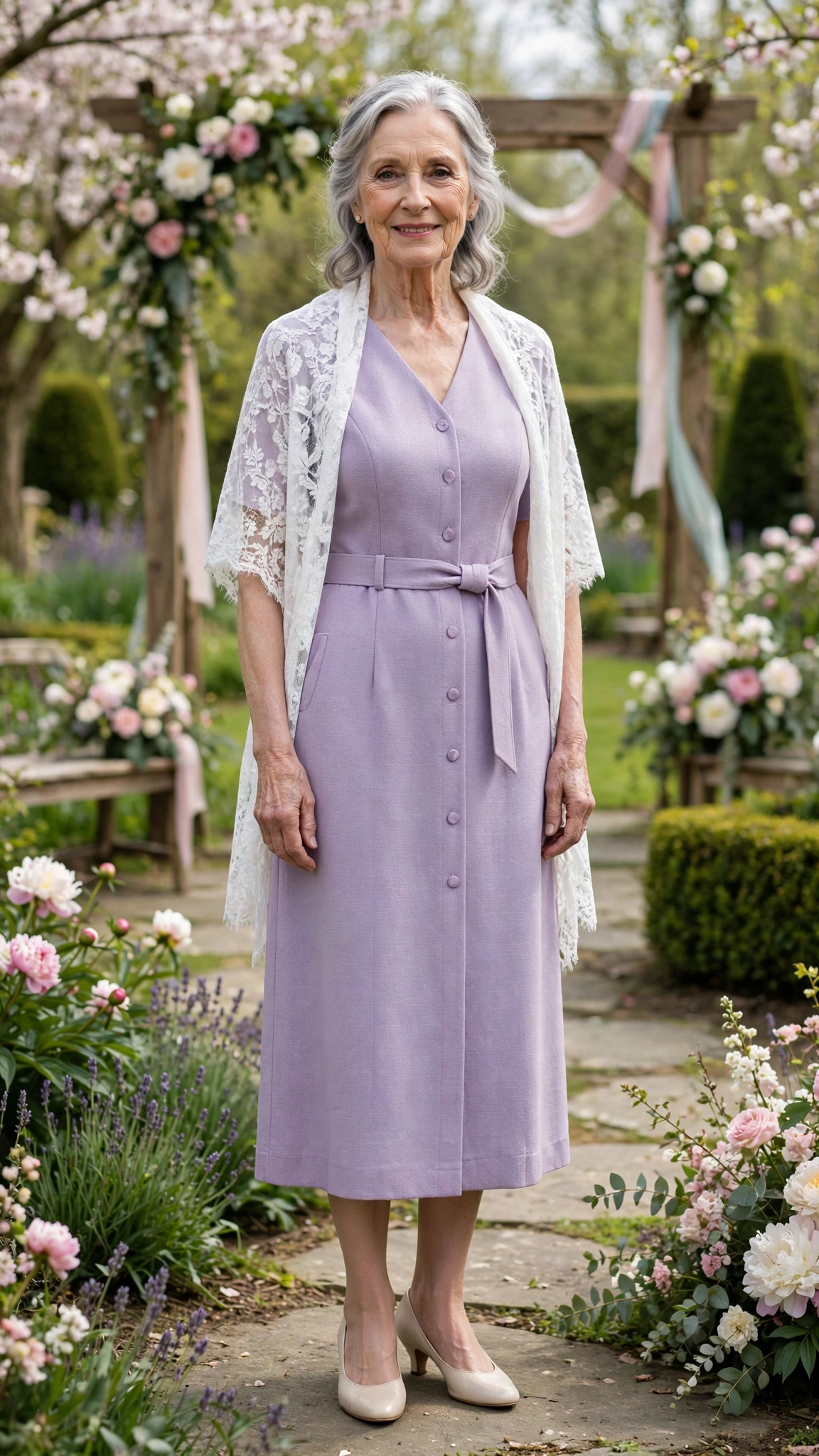 Lavender belted midi dress with a white lace shawl