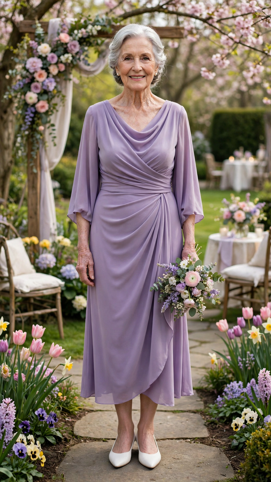 Lavender draped midi dress with white pointed flats