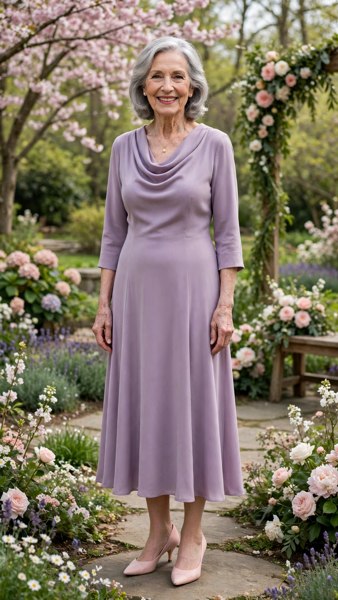Lavender cowl-neck midi dress with blush kitten heels