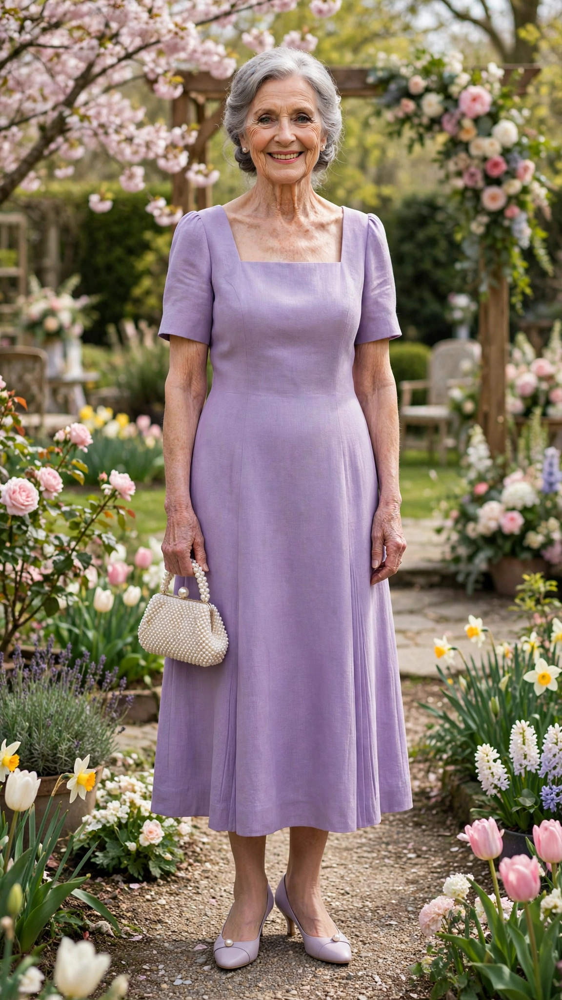 Lavender square-neck midi dress with a pearl clutch