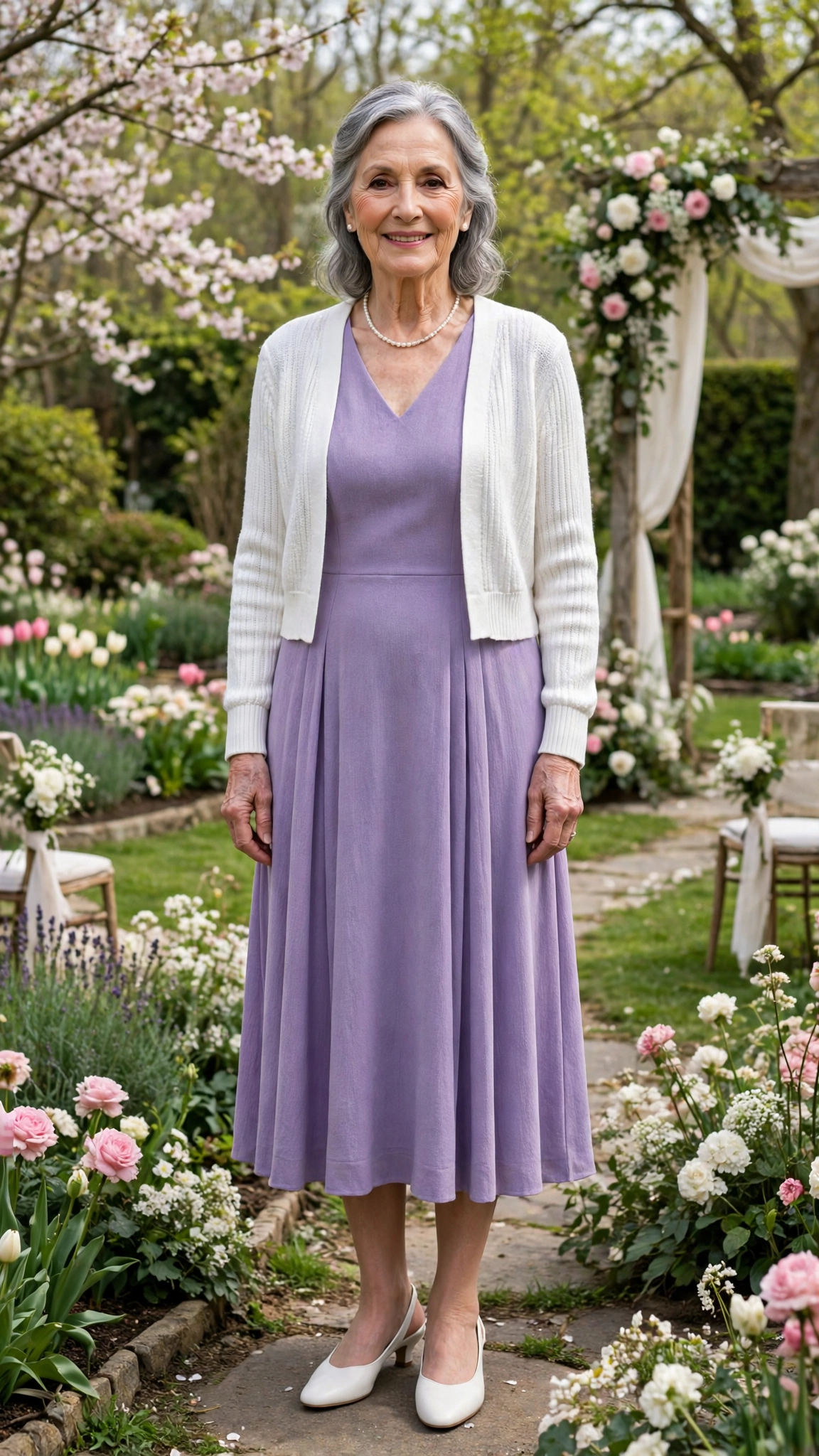 Lavender V-neck midi dress with a white cropped cardigan