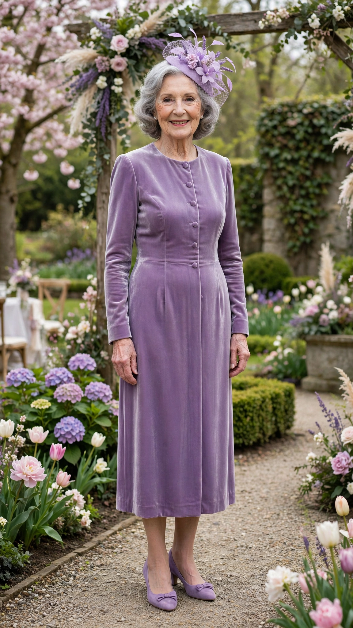 Lavender velvet midi dress with a lilac fascinator