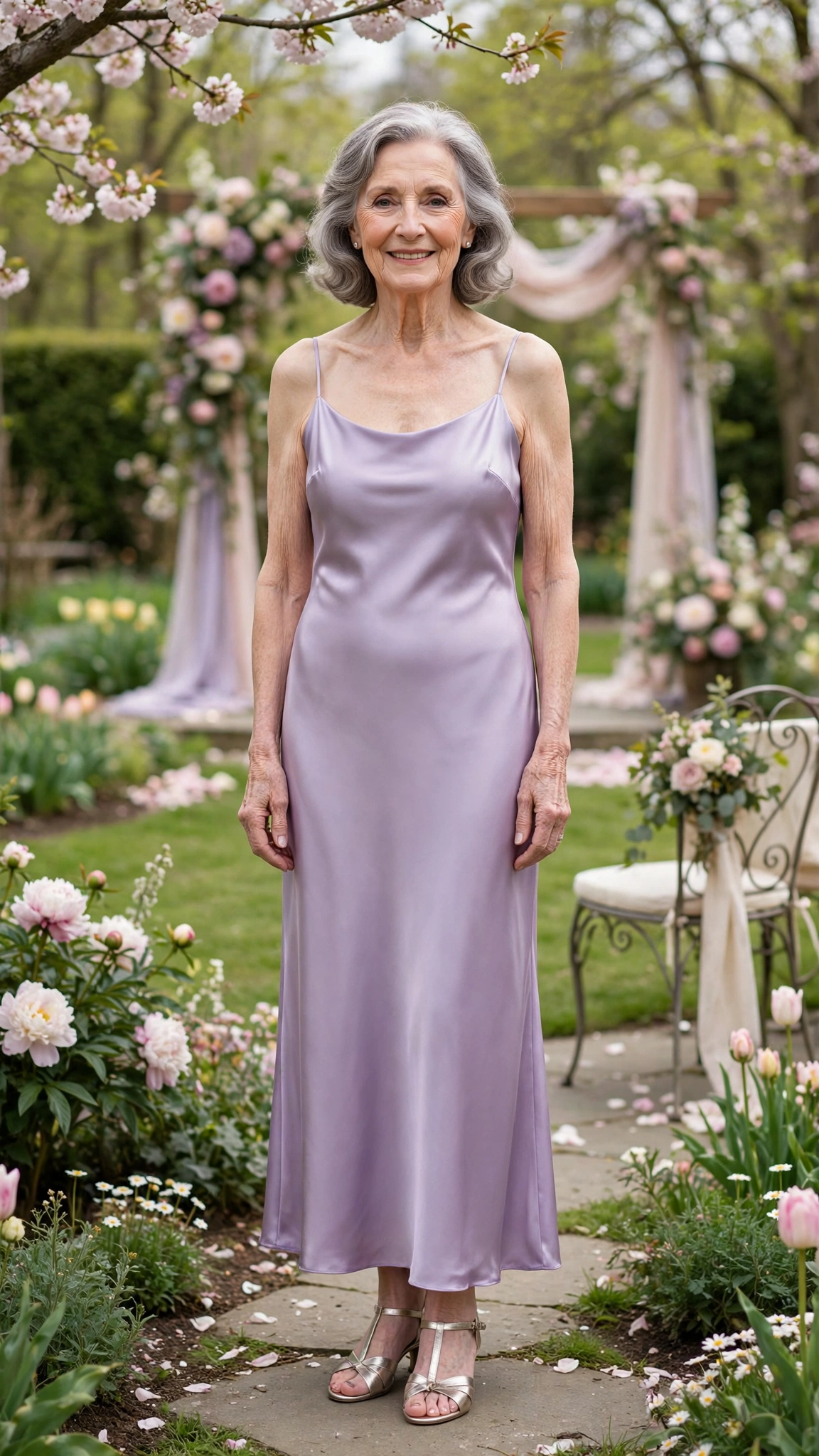Lavender satin slip dress with metallic sandals
