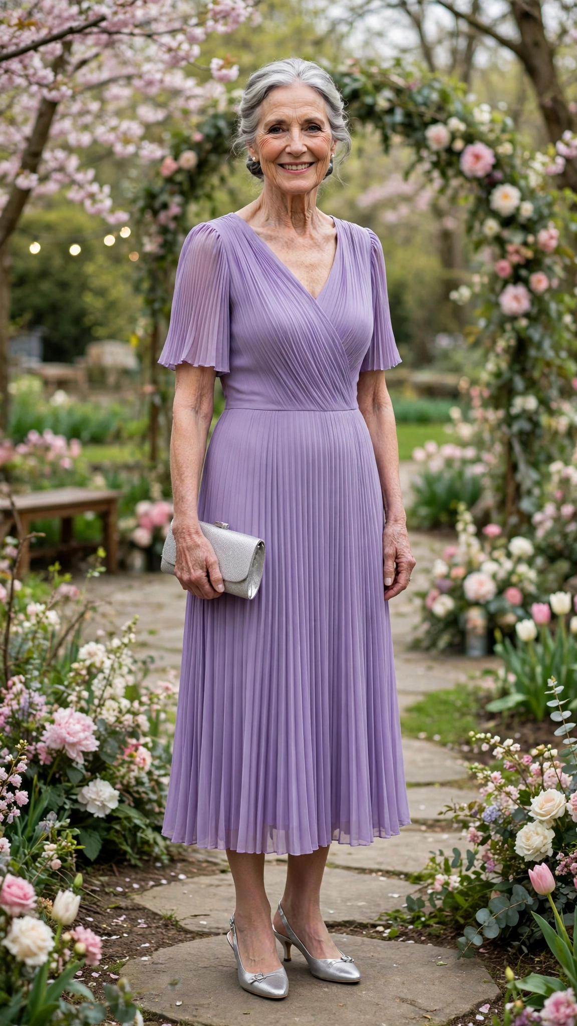 Lavender pleated midi dress with a silver clutch