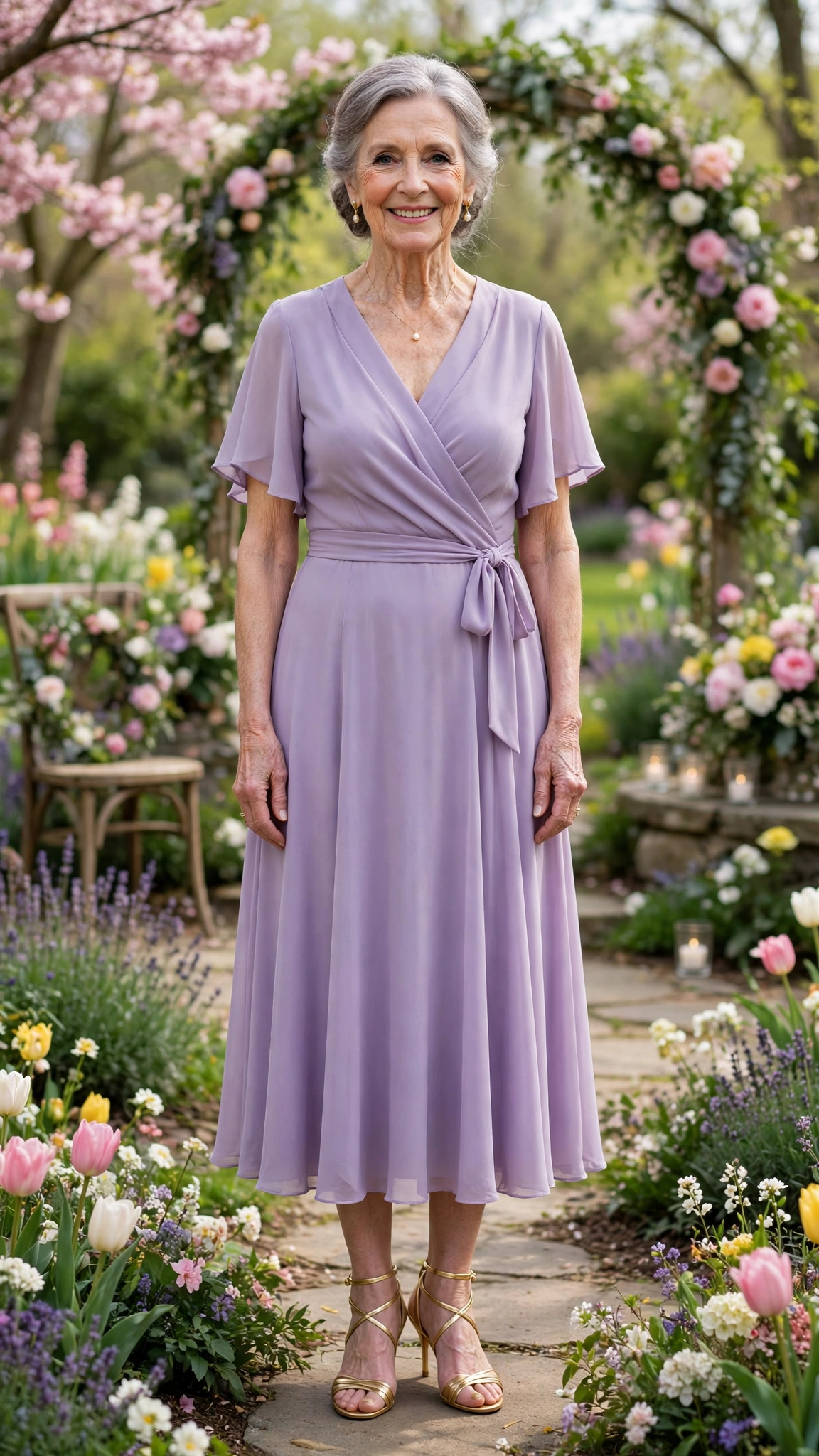 Lavender wrap midi dress with strappy gold heels