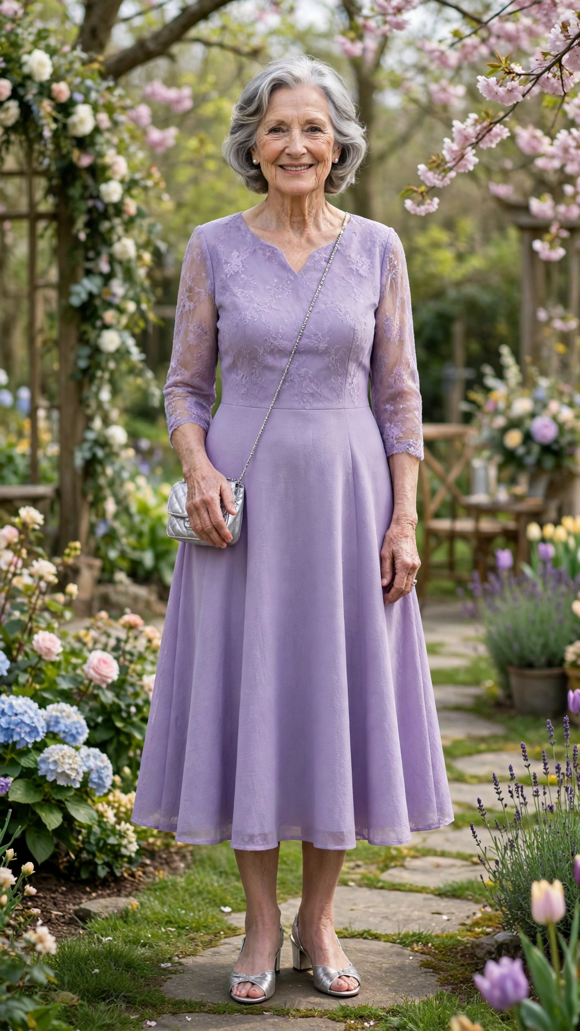 Lavender A-line midi dress with a small silver crossbody bag