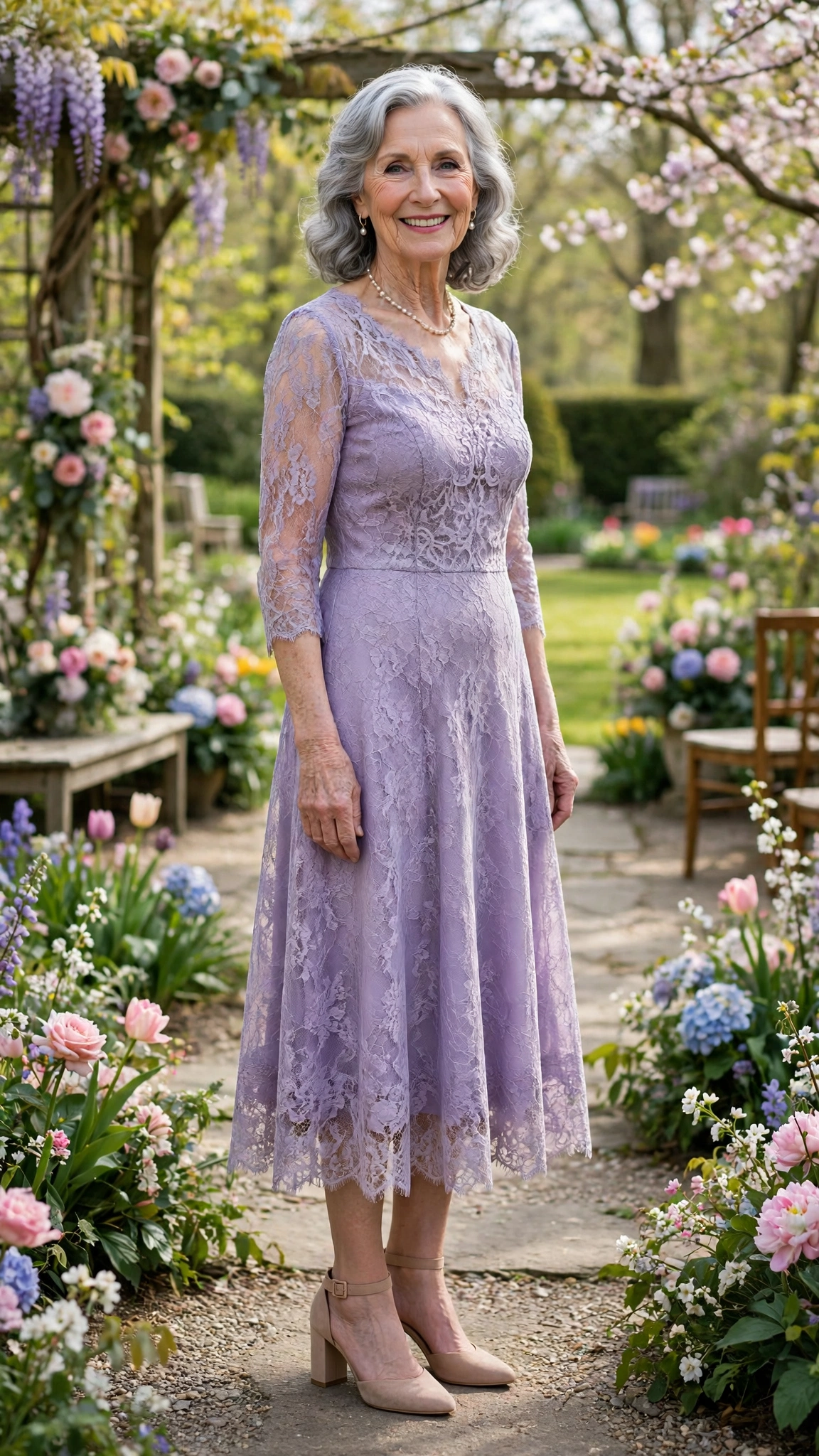 Lavender lace midi dress with nude block heels