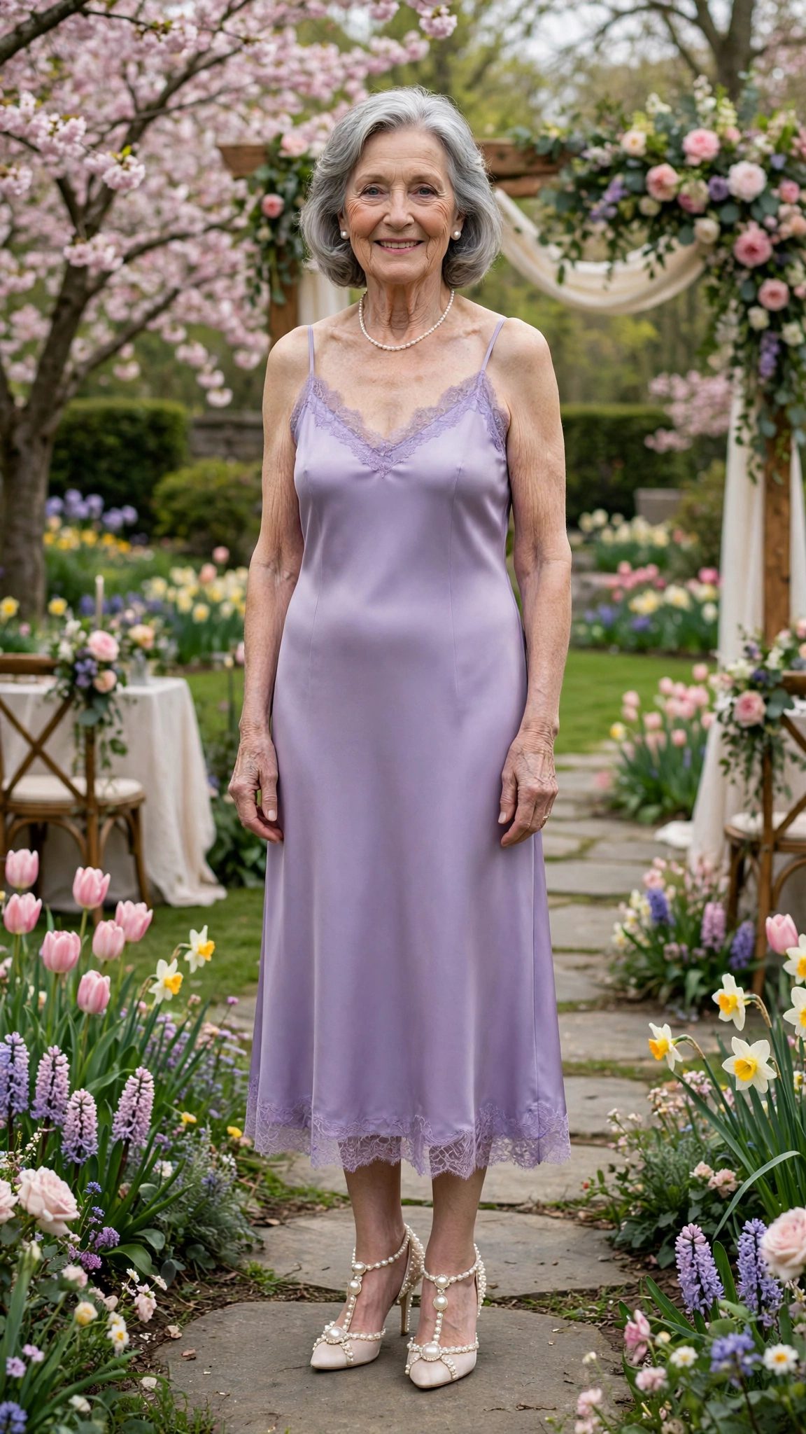 Lavender slip midi dress with pearl-embellished heels