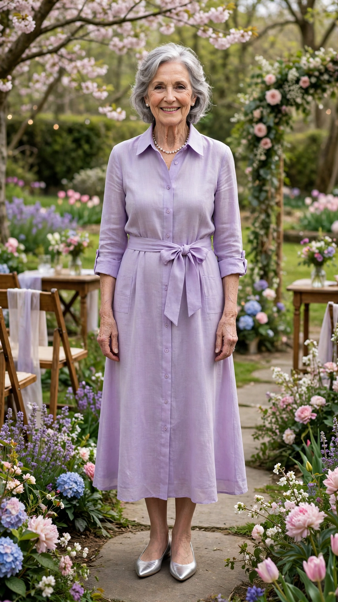 Lavender shirt midi dress with silver pointed flats