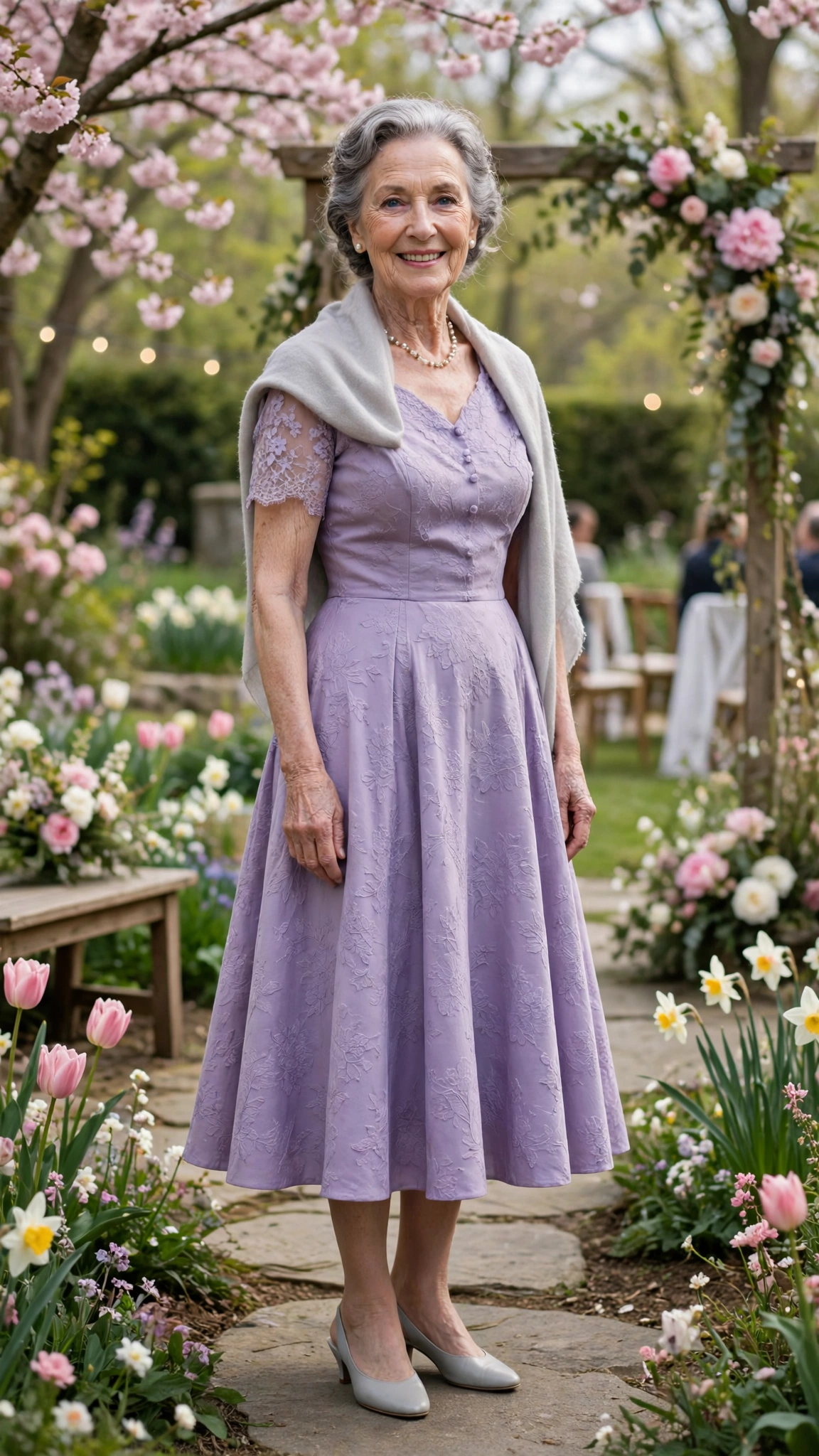 Lavender fit-and-flare midi dress with a pale grey shawl