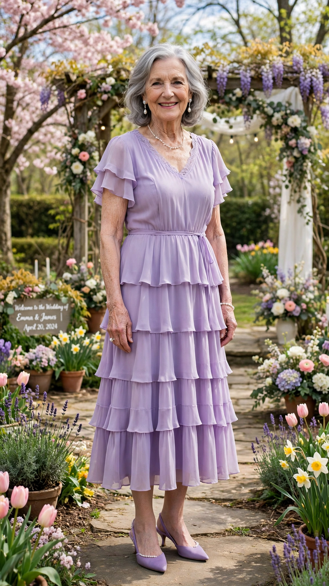 Lavender tiered midi dress with pearl drop earrings