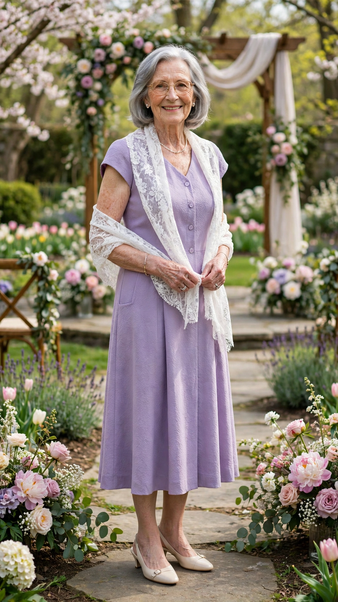 Lavender cap-sleeve midi dress with a white lace shawl