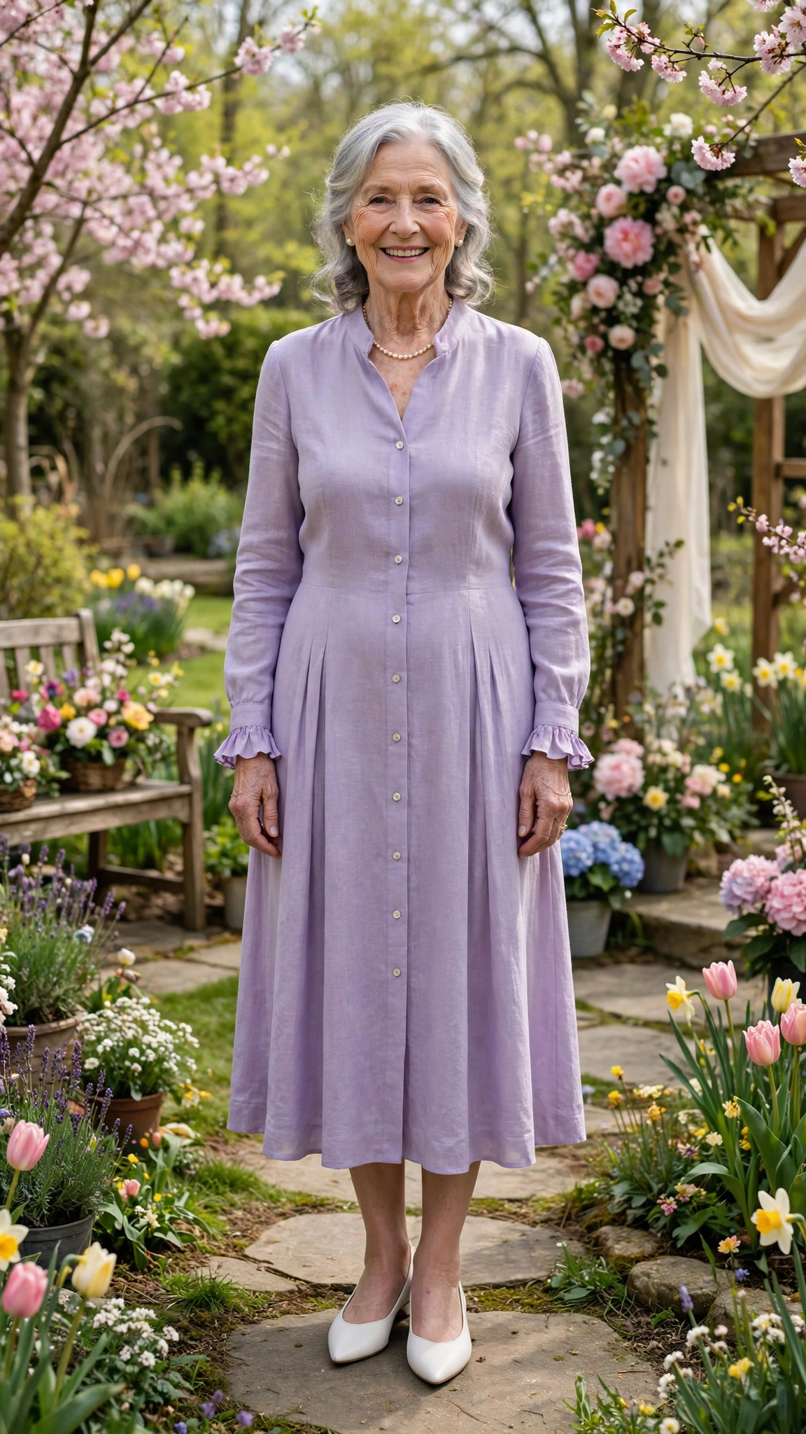 Lavender long-sleeve midi dress with white pointed flats
